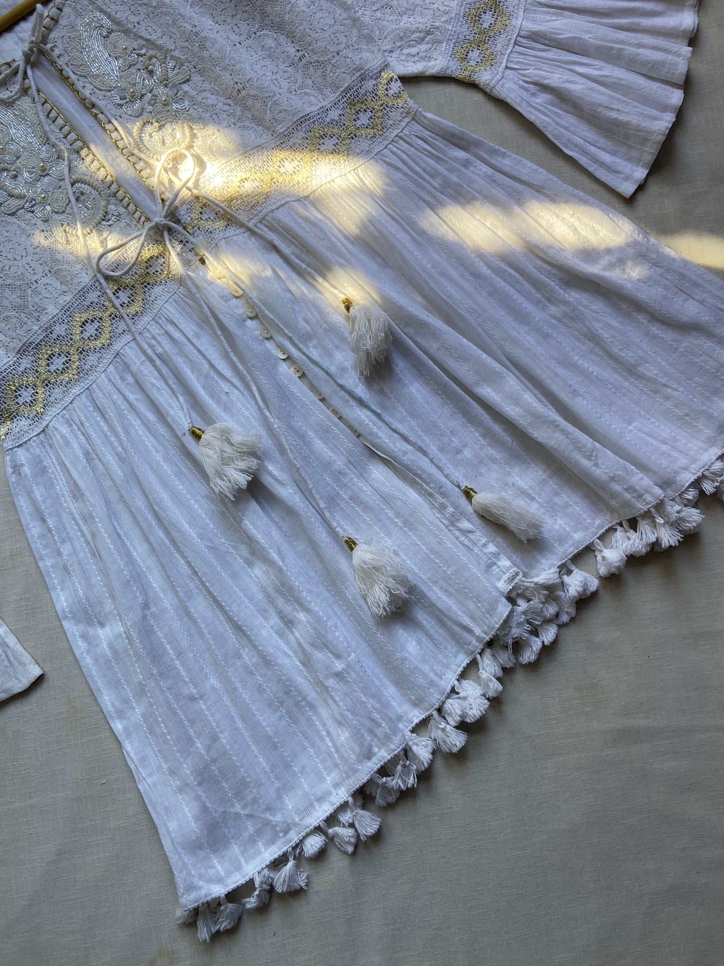 Elegant White Embroidered Boho Tunic with Tassels