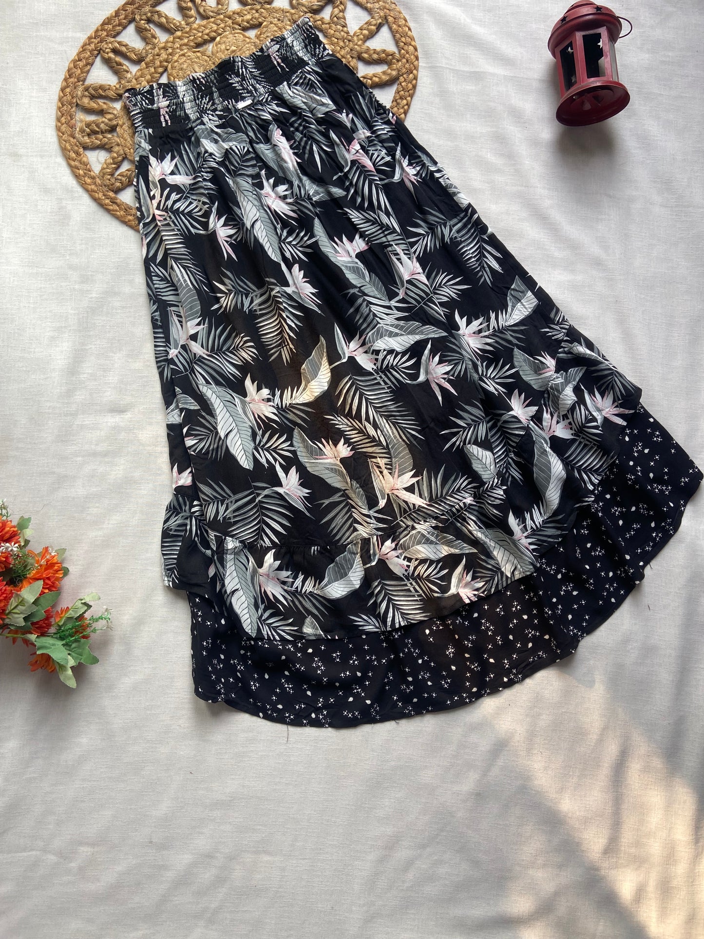 Women’s Black Tropical Print Layered Maxi Skirt
