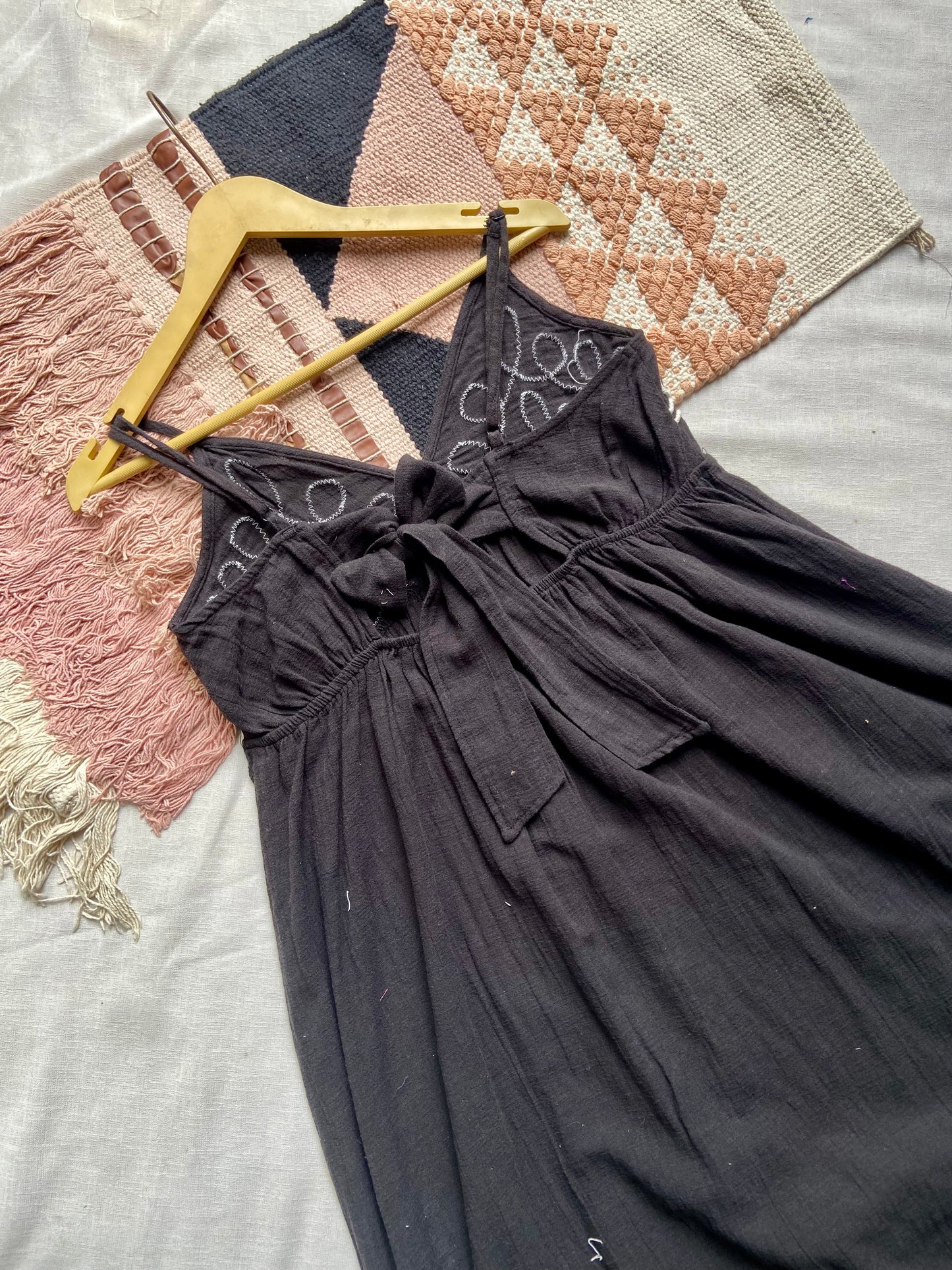 Boho Black Sleeveless Maxi Dress with White Embroidery