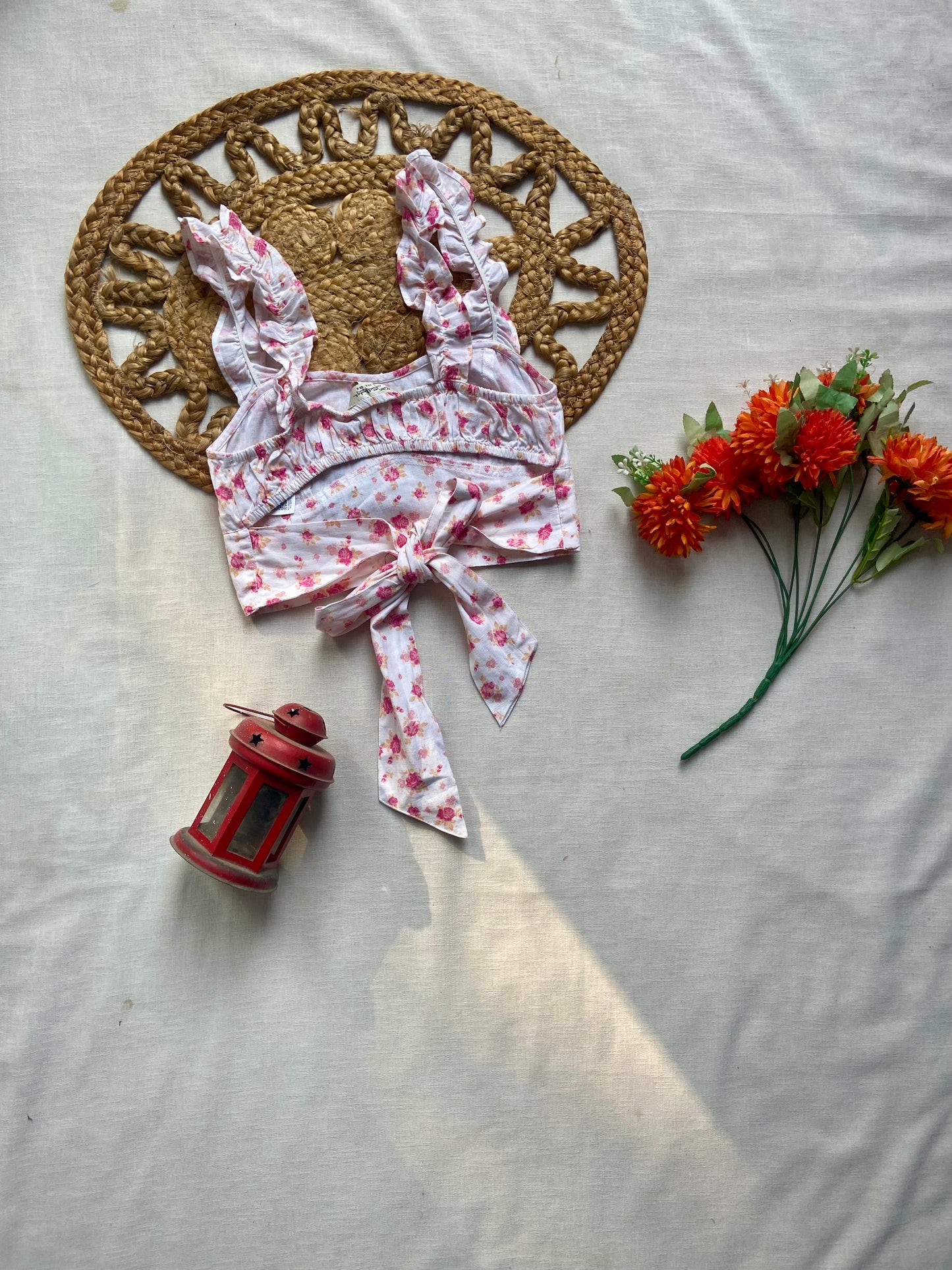 Girls Pink Floral Cotton Crop Top with Ruffle Straps