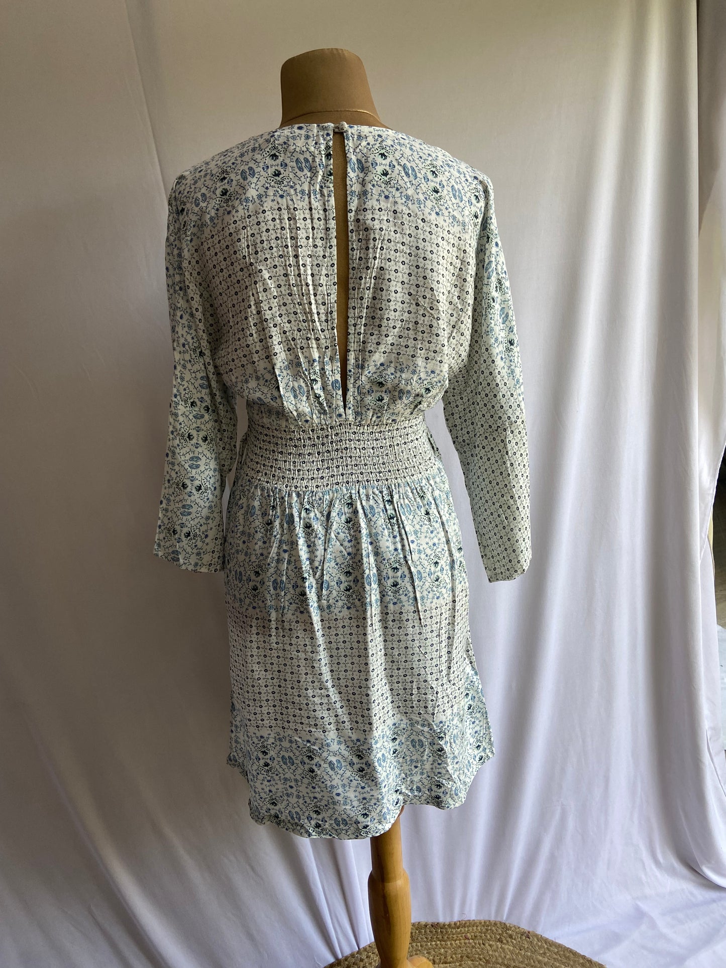 Boho-Inspired Printed V-Neck Dress with Smocked Waist and Flowy Sleeves