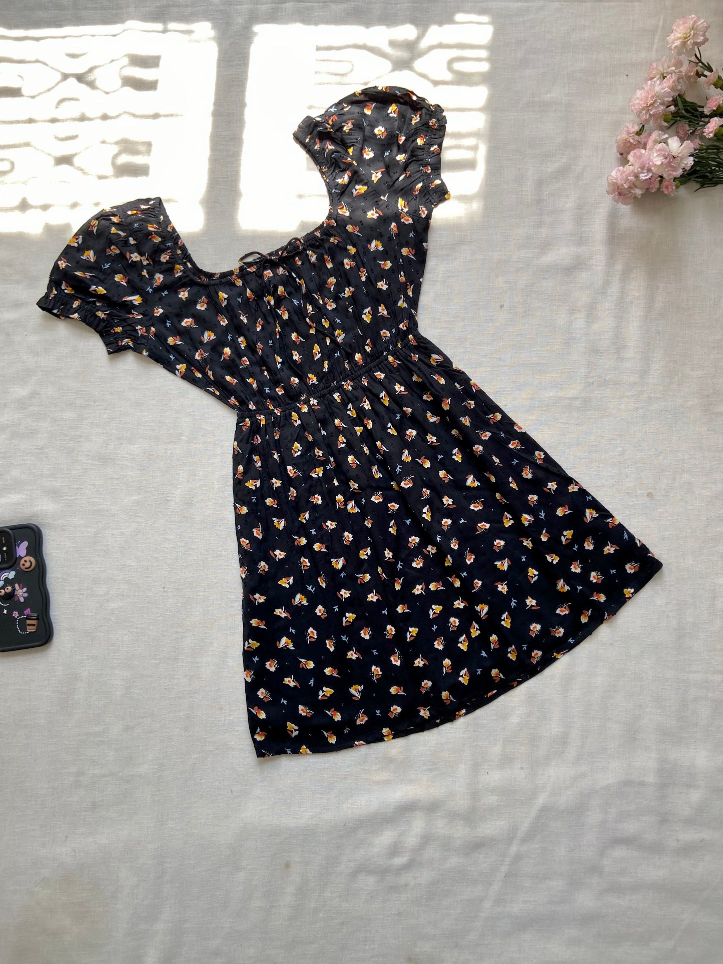 Black Floral Puff Sleeve Mini Dress