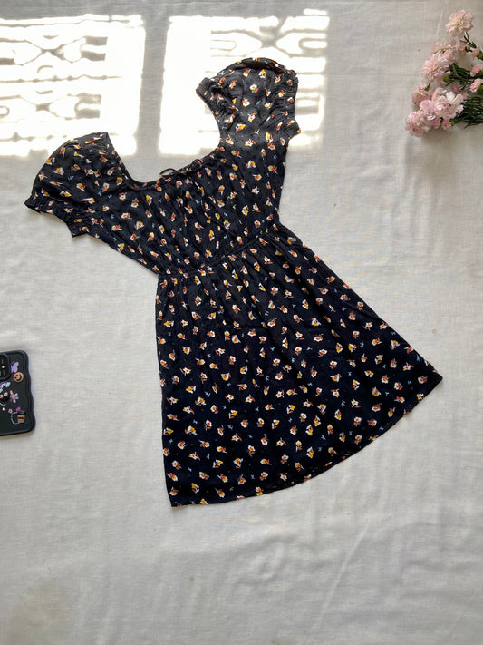 Black Floral Puff Sleeve Mini Dress