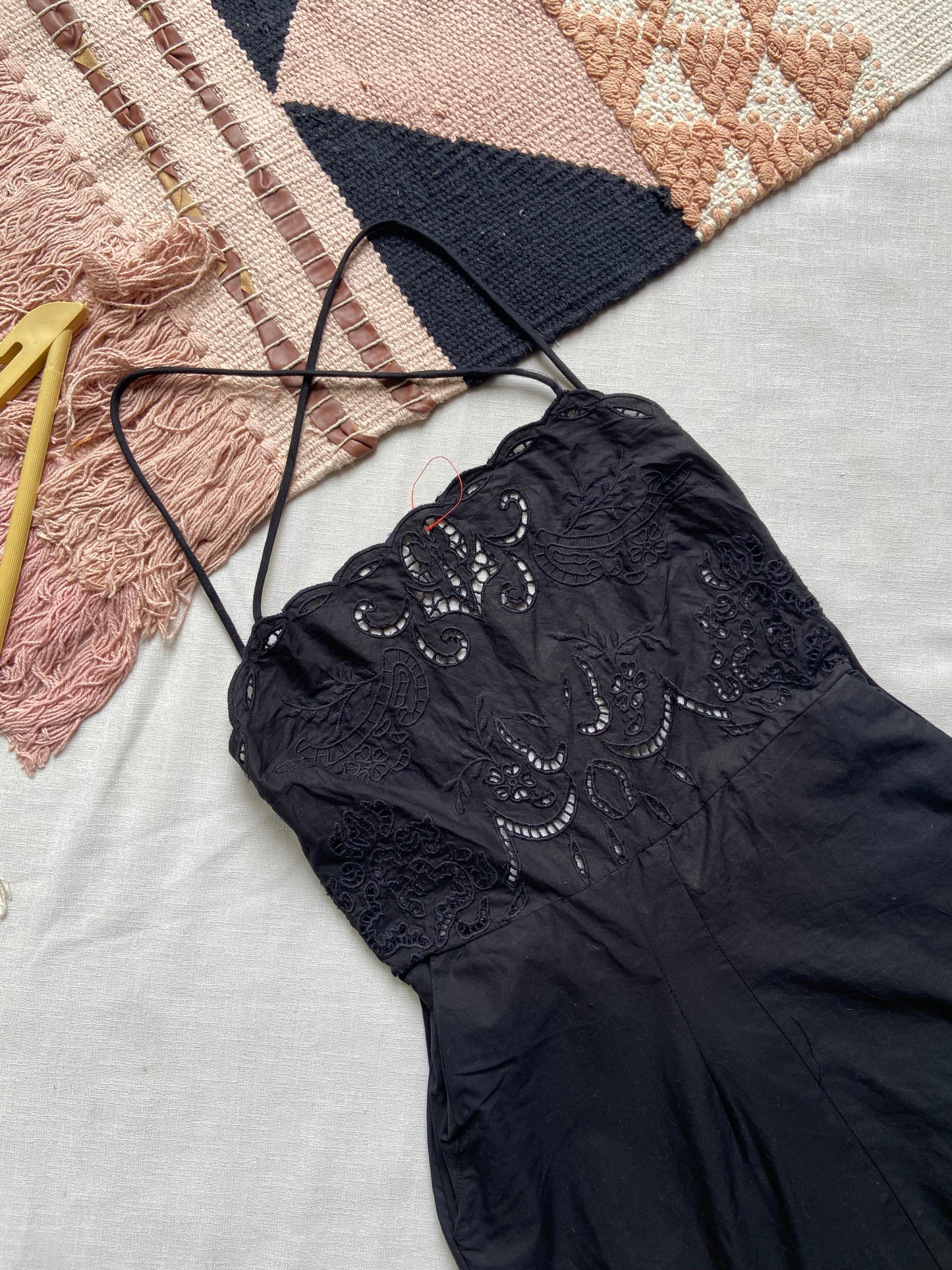 Elegant Black Embroidered Spaghetti Strap Dress