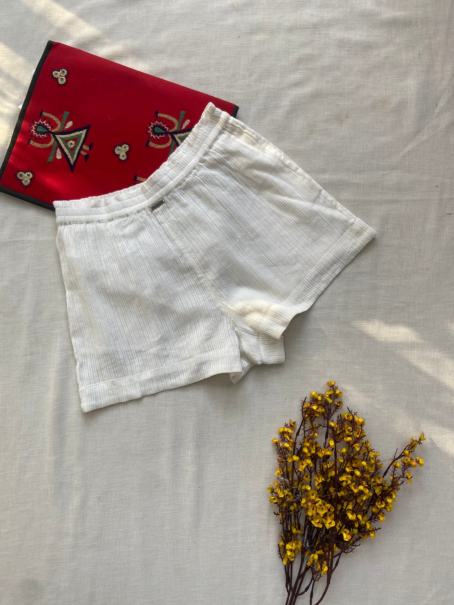 Women's White Ribbed Lounge Shorts with Elastic Waistband