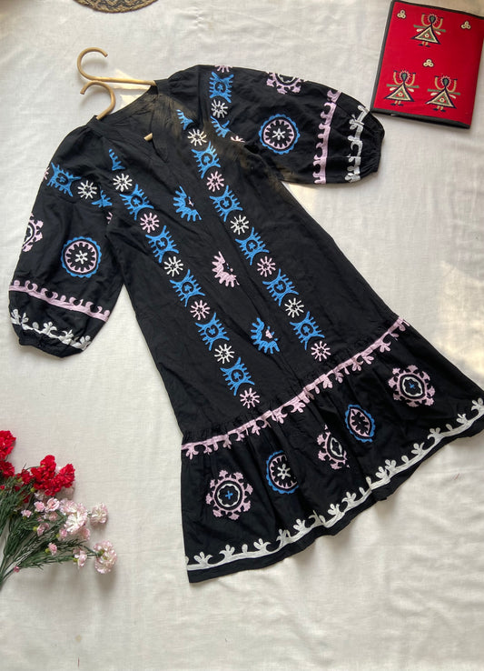 Black Boho Embroidered Cotton Dress