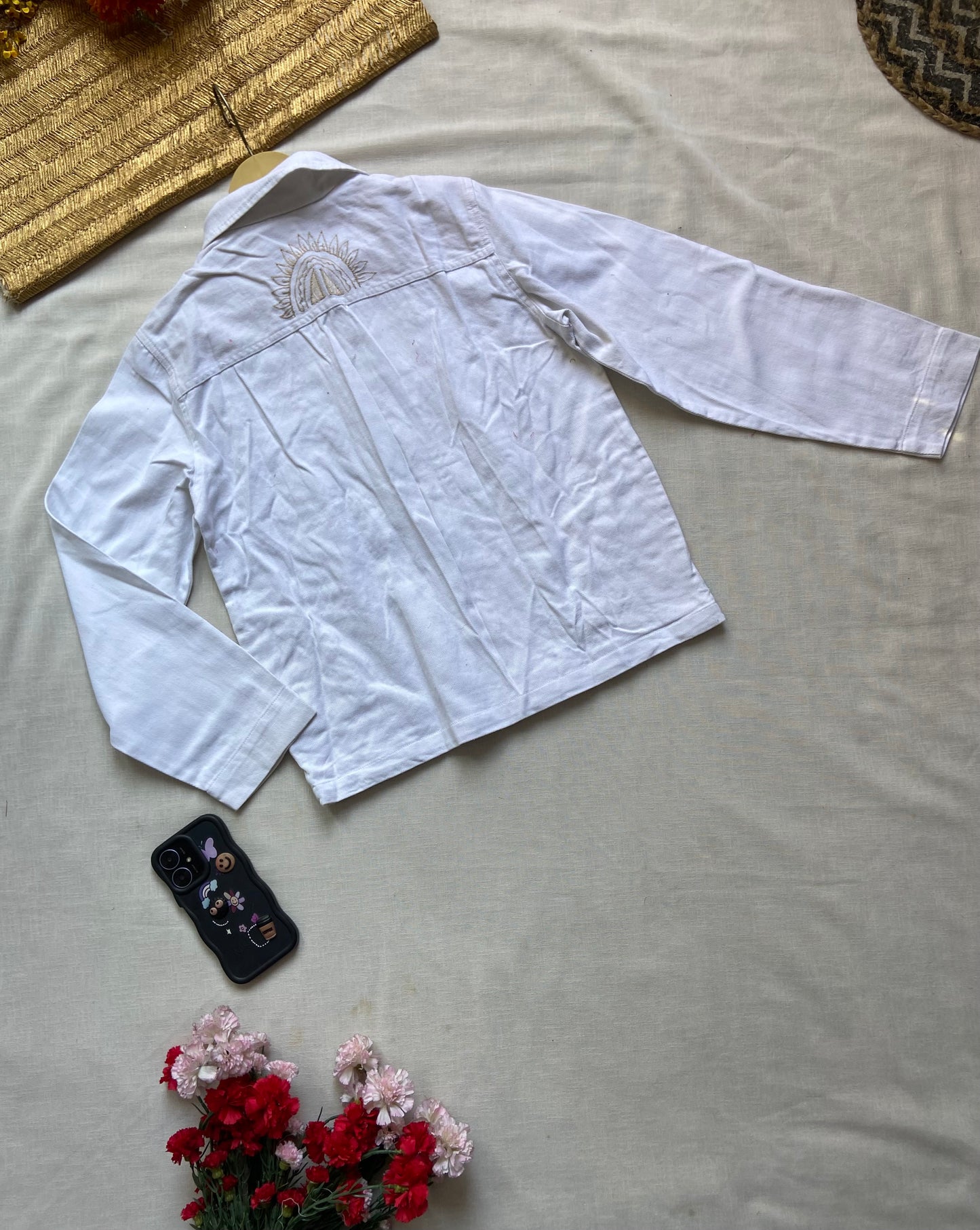 Women's White Denim Jacket with Boho Embroidered Designs