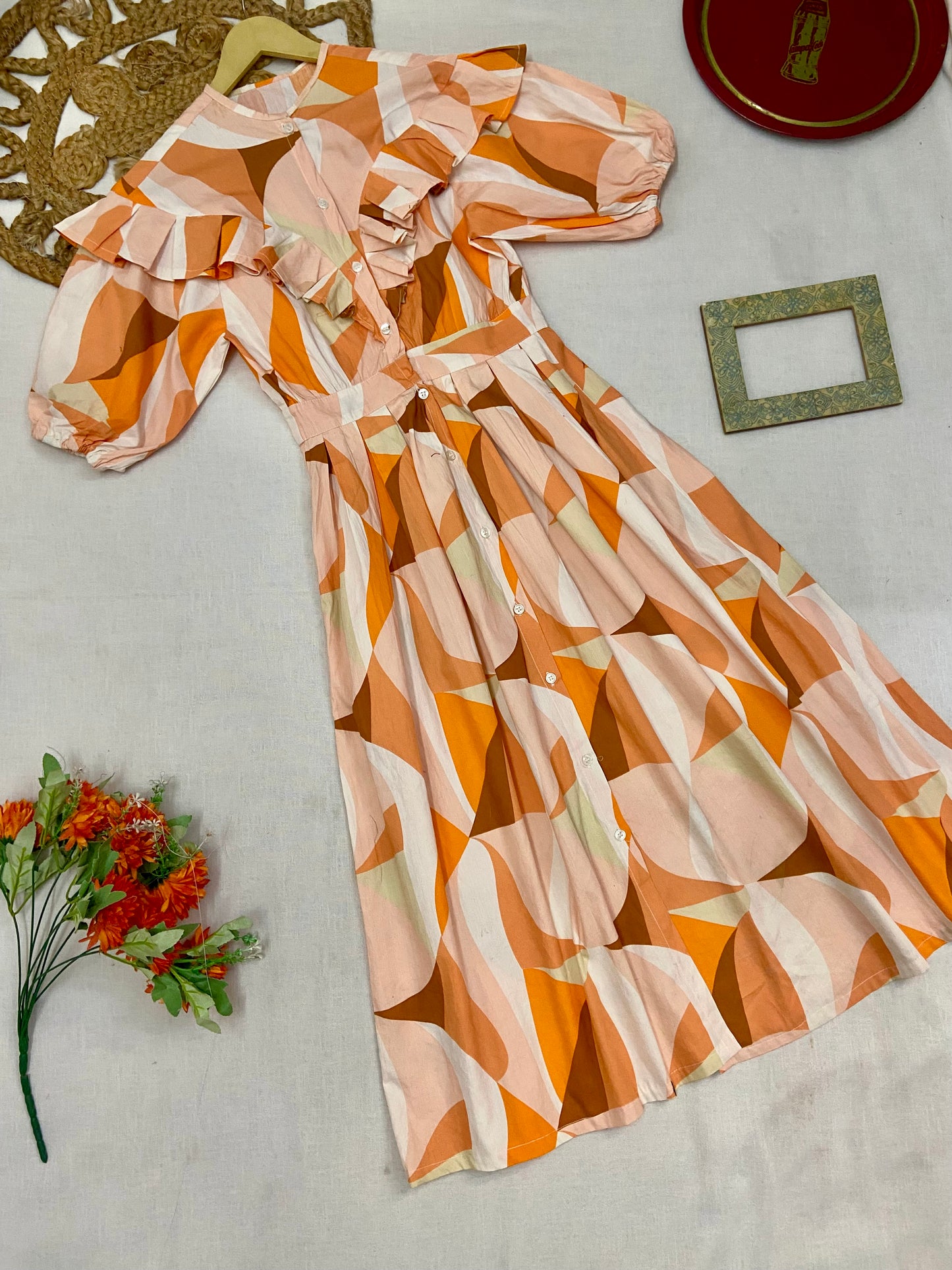 Women’s Multicolor Geometric Print Midi Dress with Ruffle Detail