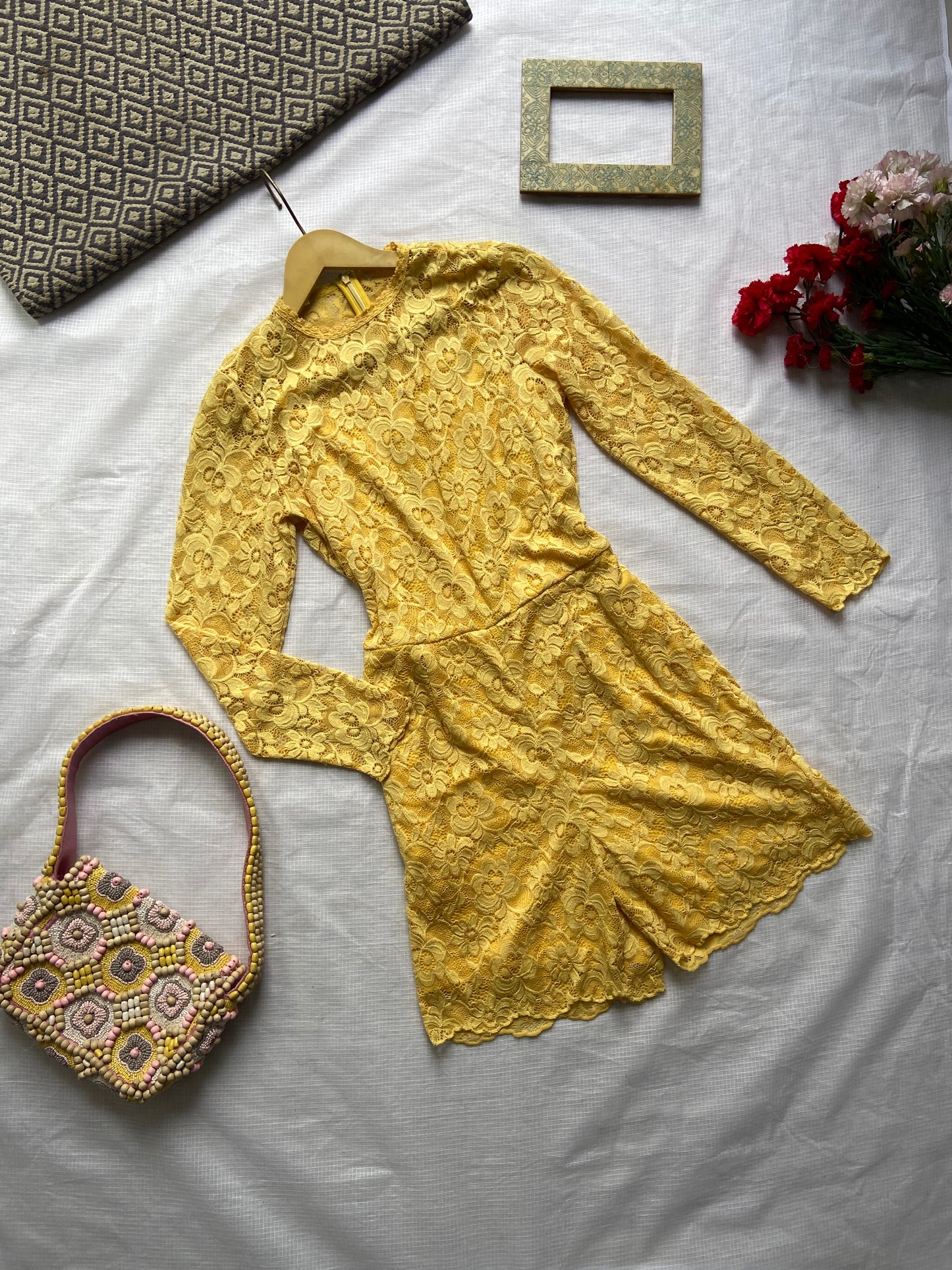 Yellow Lace Long Sleeve Romper for Women