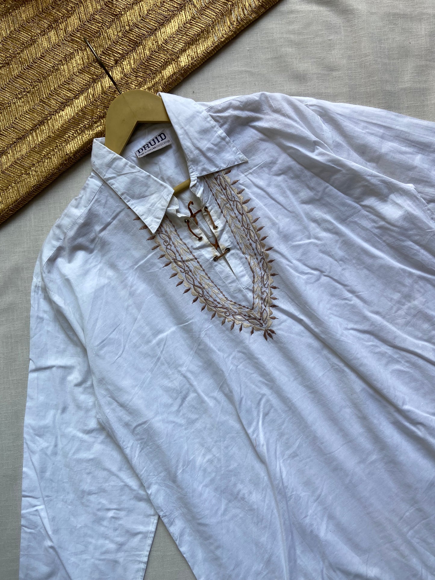 Men's White Embroidered Kurta with Collar