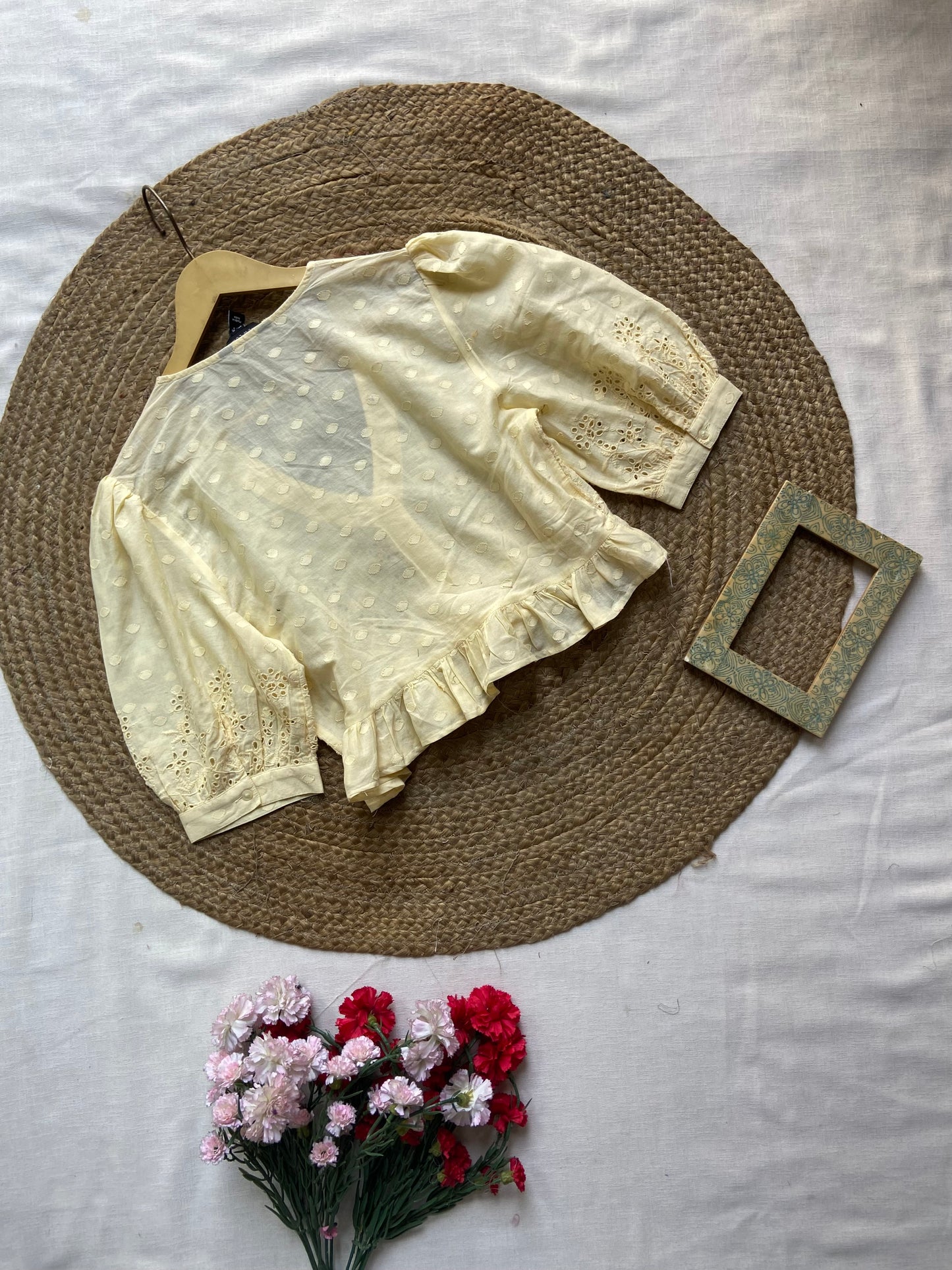 Women's Light Yellow Embroidered Cotton Crop Top – Puff Sleeve with Lace Detailing