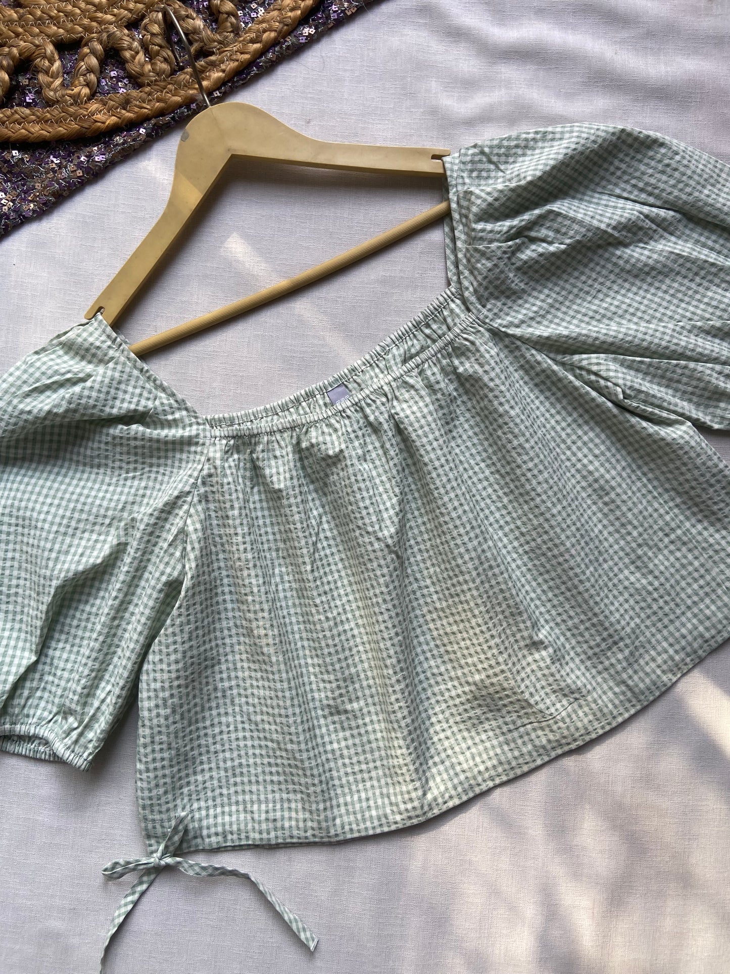 Gingham Puff Sleeve Crop Top – Mint Green