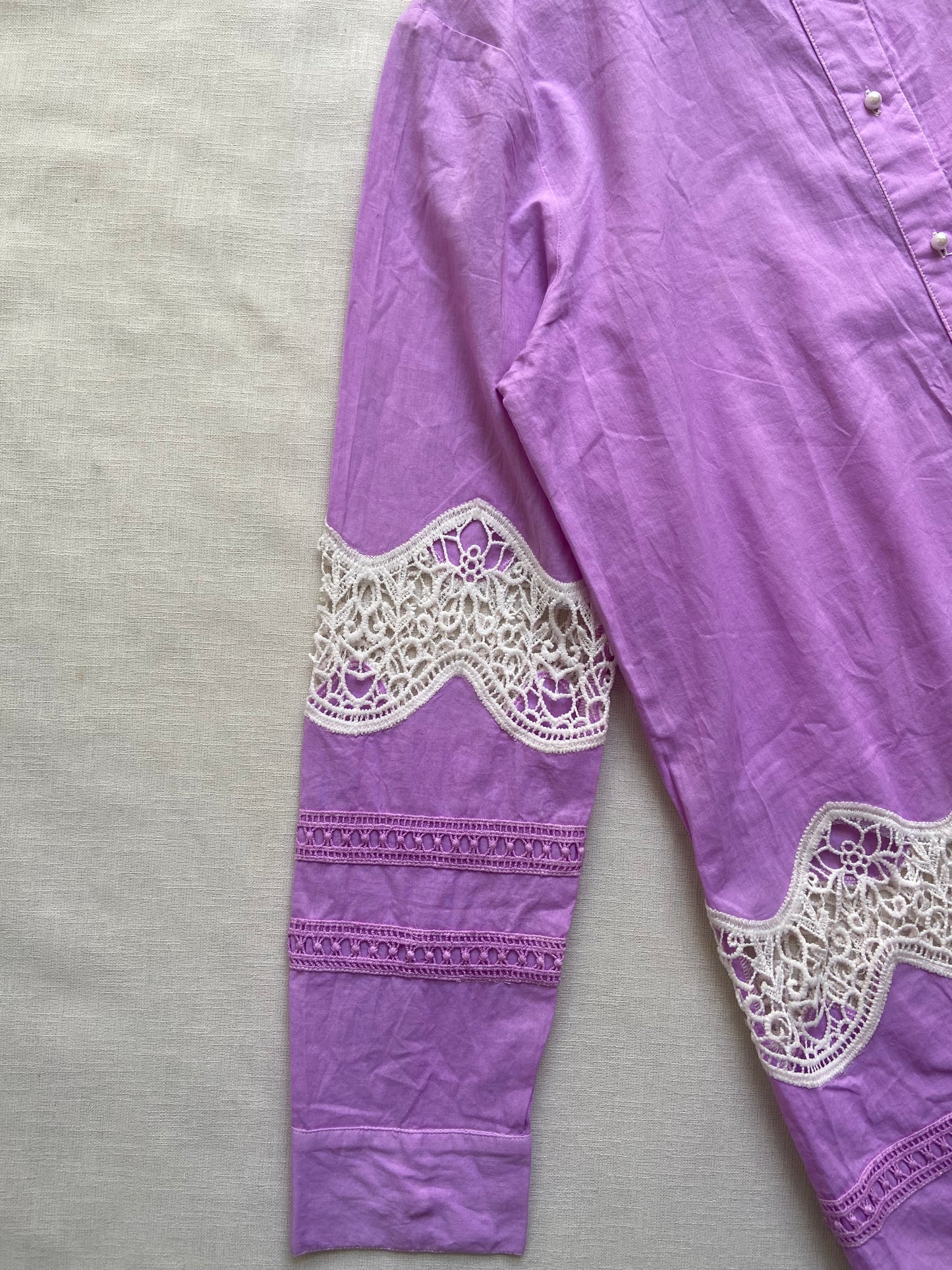 Elegant Lavender Shirt with Intricate White Lace Detailing