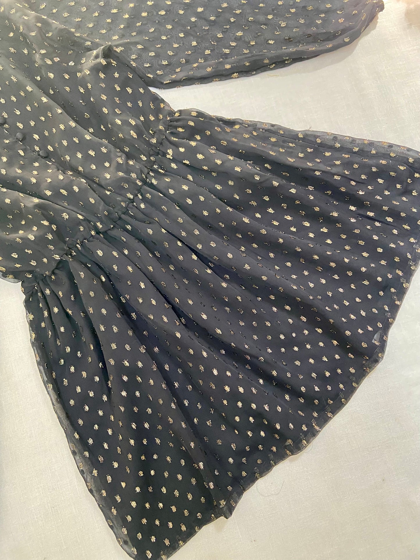 Sheer Black Mini Dress with Gold Print and Puff Sleeves