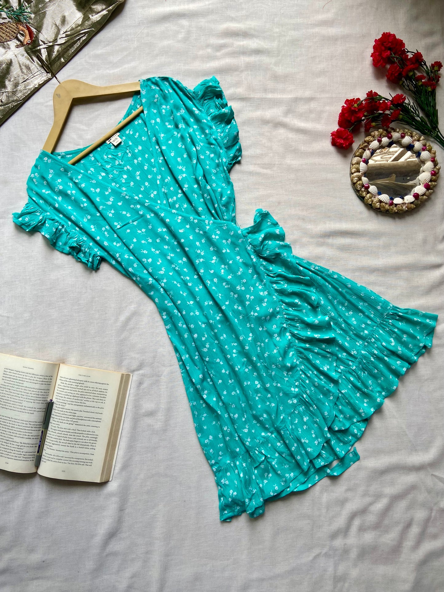 Teal Floral Ruffle Wrap Dress