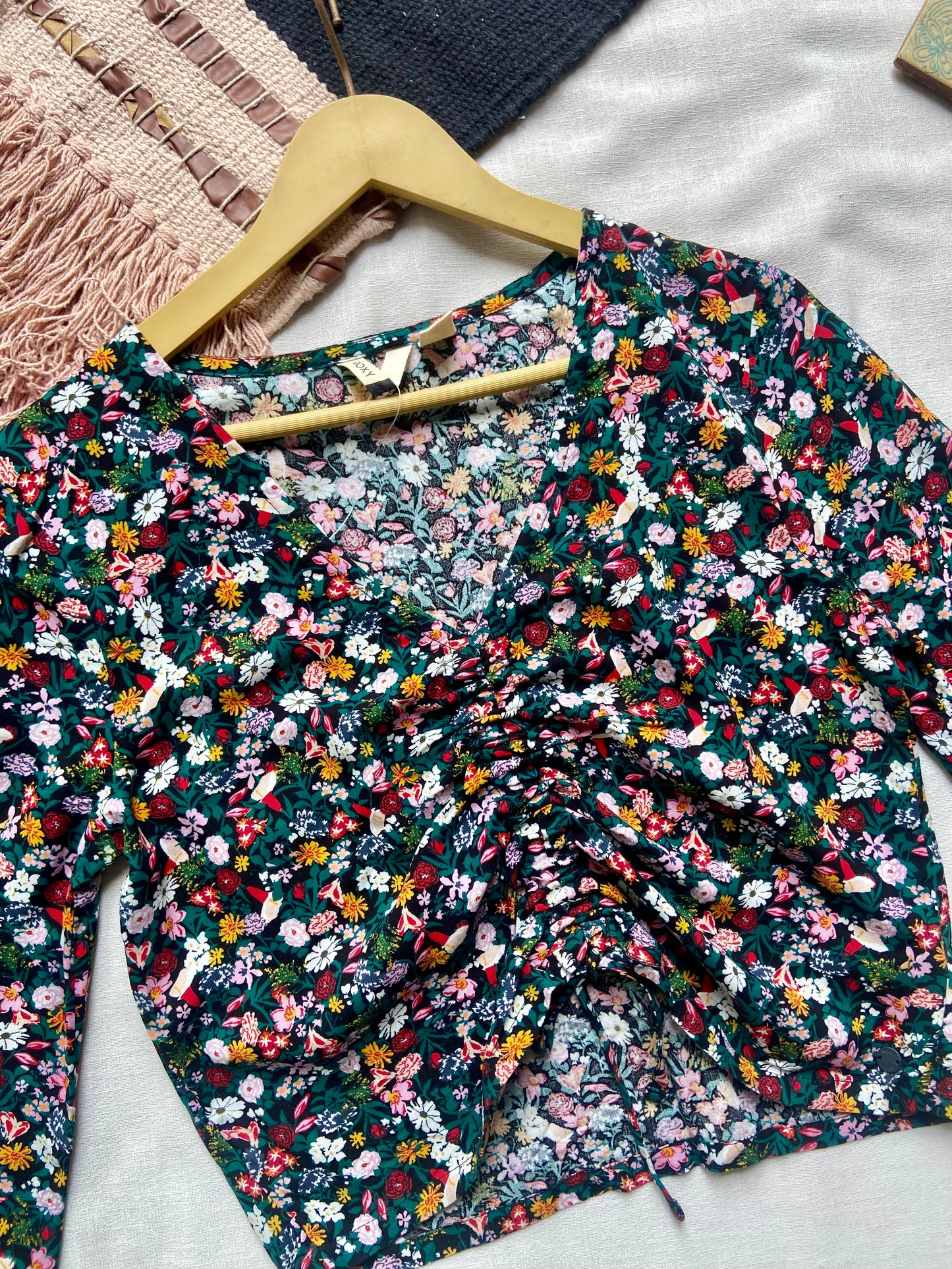 Floral Ruched Front Bell Sleeve Top