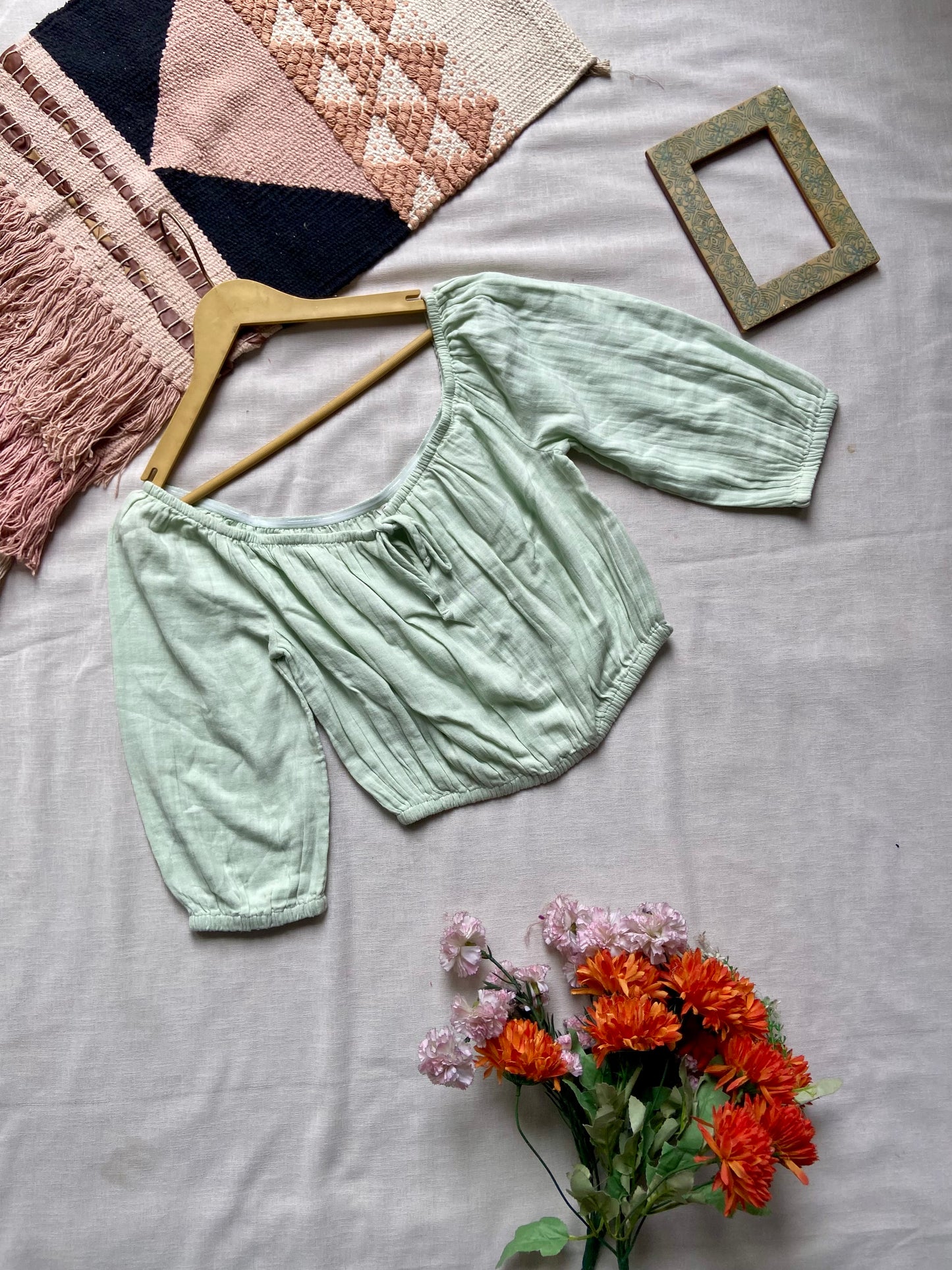Mint Green Off-Shoulder Smocked Crop Top