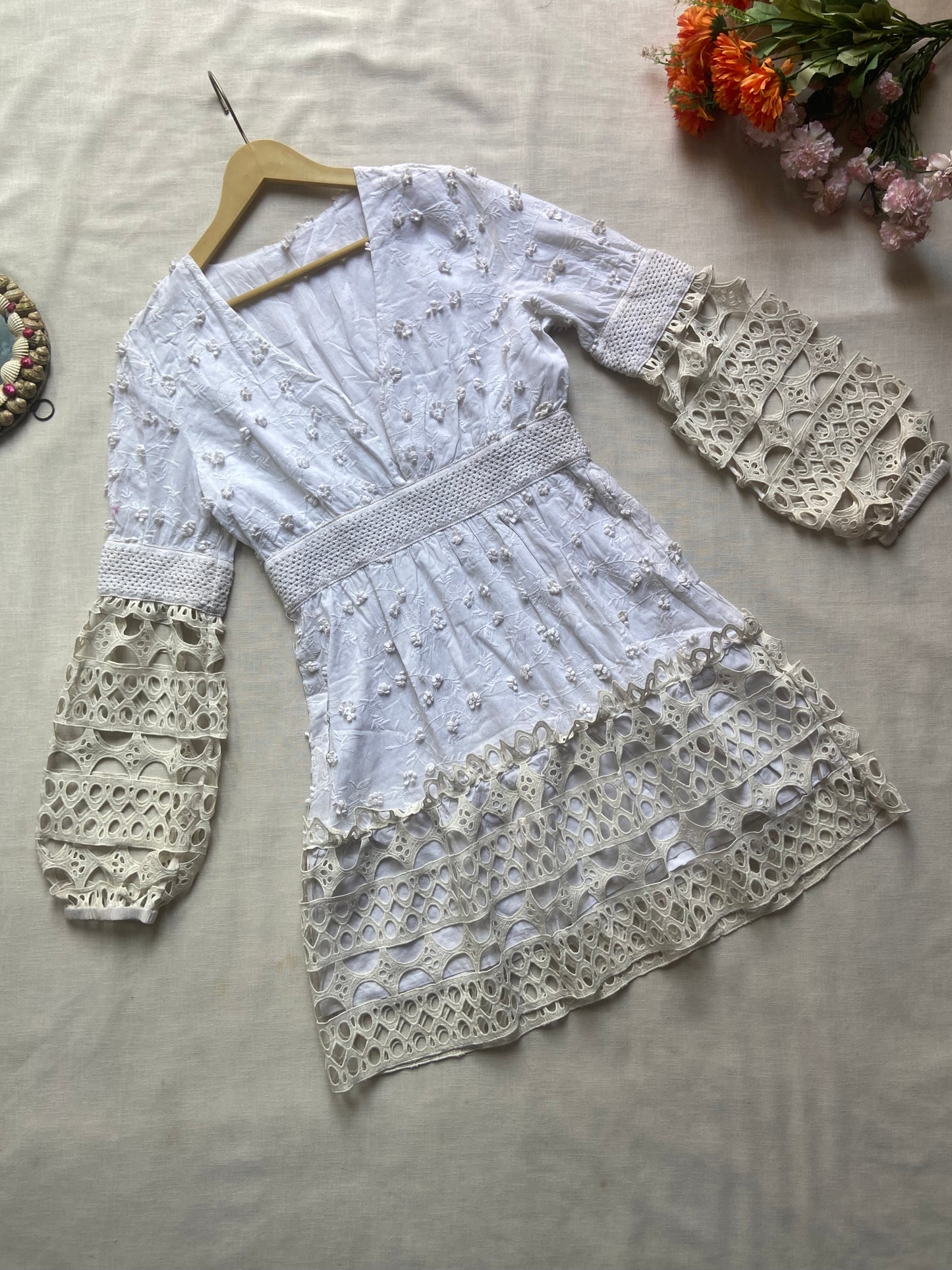 White Embroidered Boho Mini Dress with Crochet Lace Sleeves