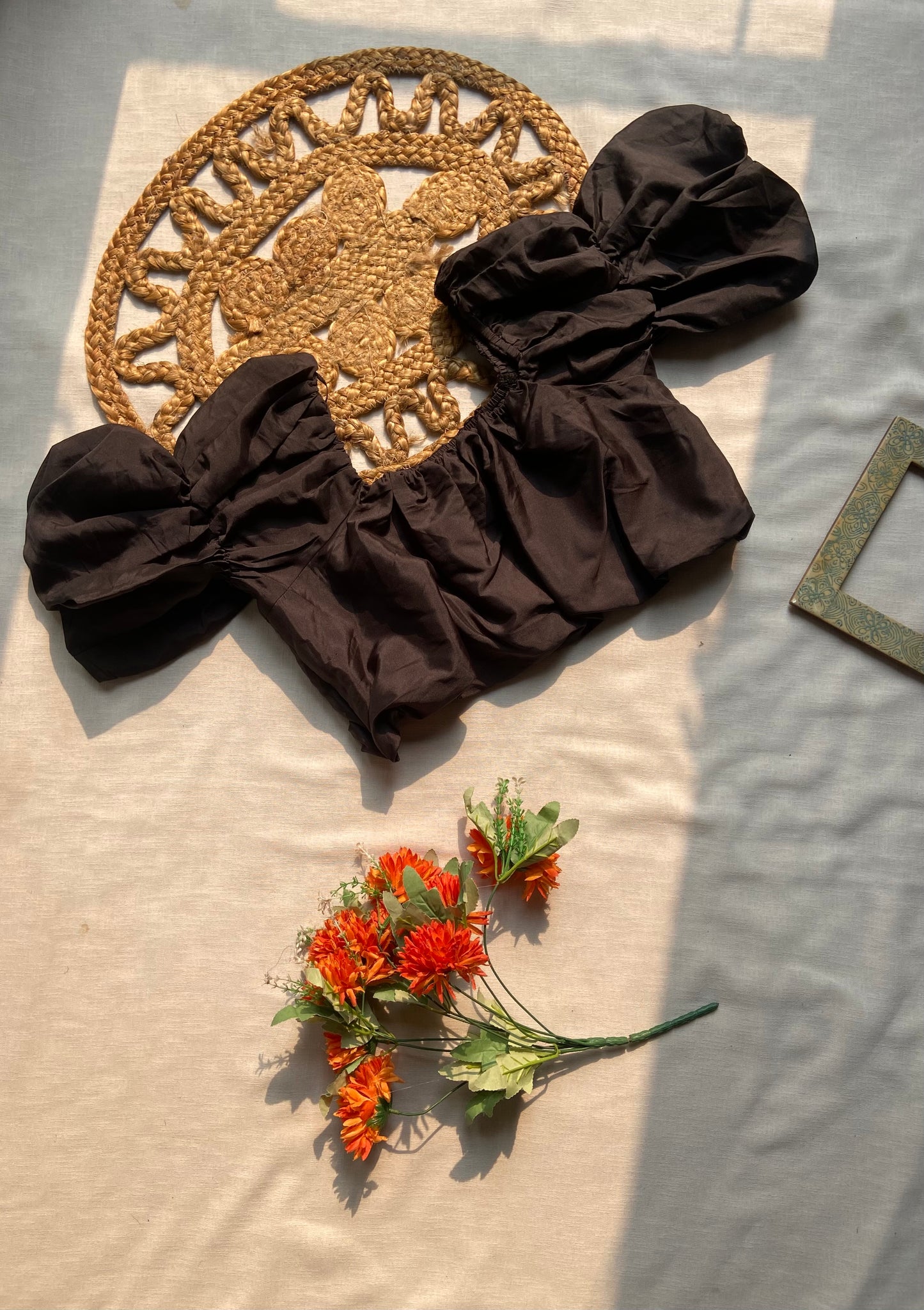 Black Puff Sleeve Cotton Blouse for Women