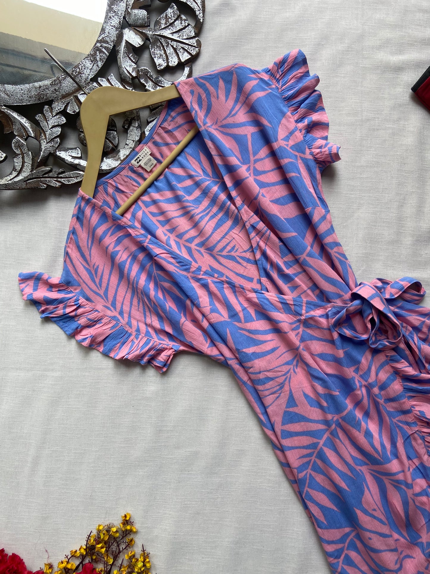 Pink And Blue Floral Wrap Mini Dress