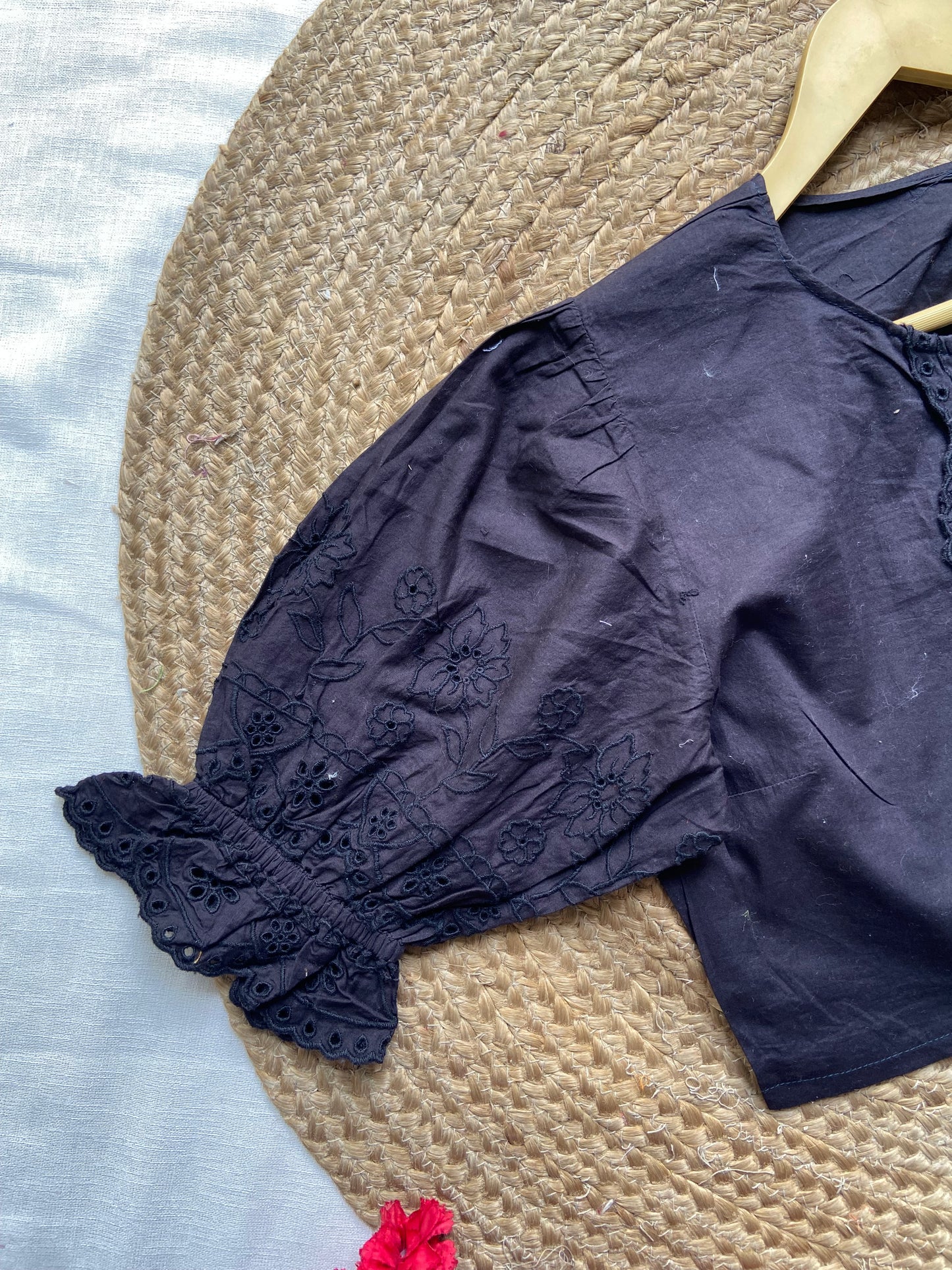 Black Puff Sleeve Cotton Crop Top with Embroidery