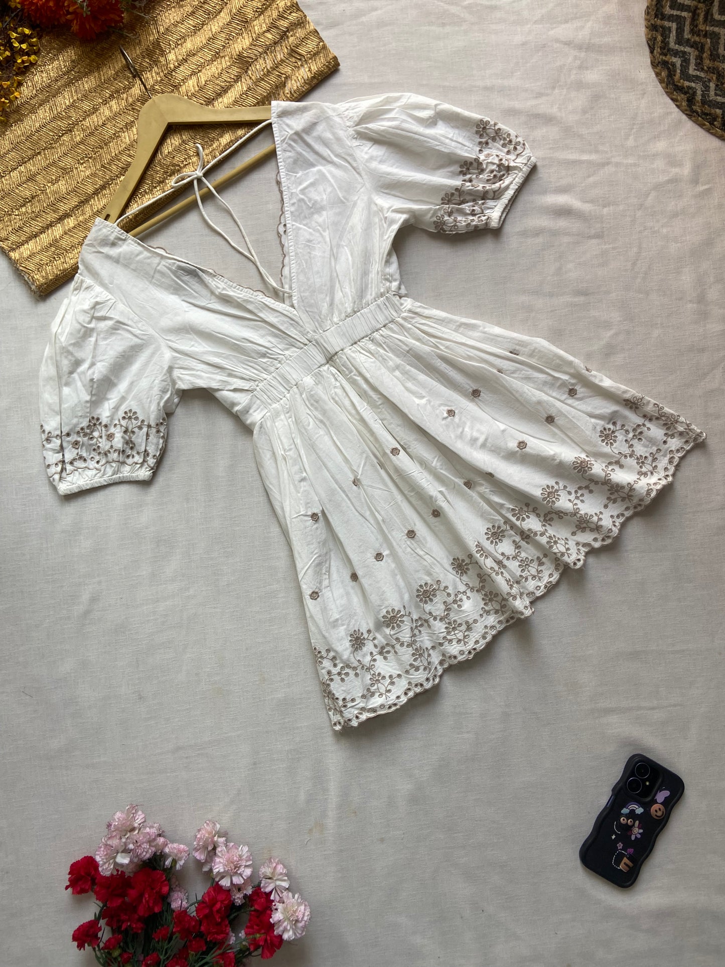 White Embroidered V-Neck Puff Sleeve Dress