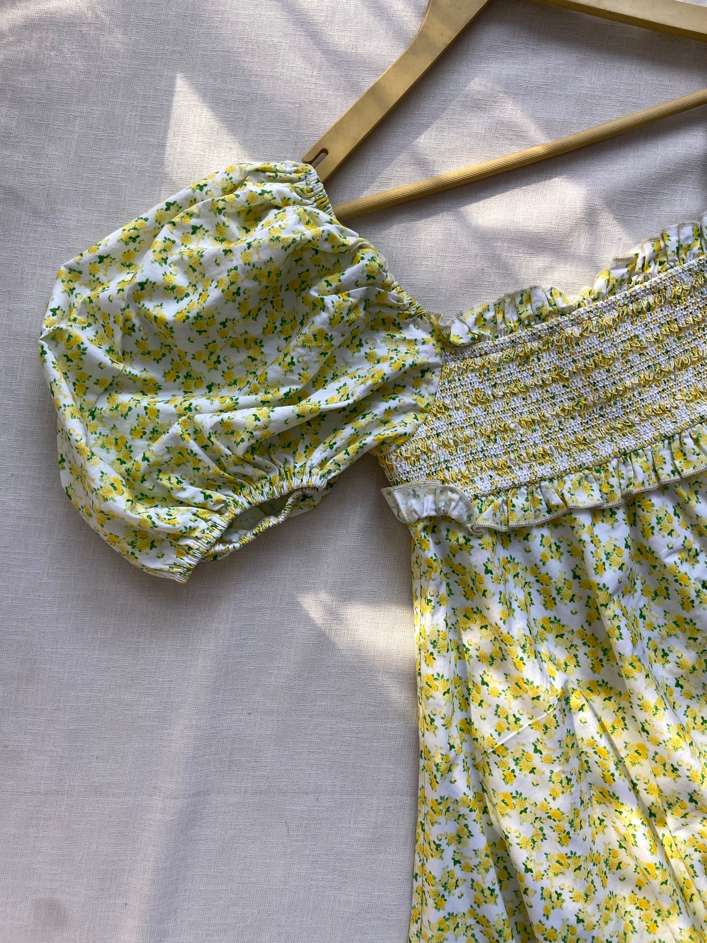 Yellow Floral Puff Sleeve Smocked Mini Dress