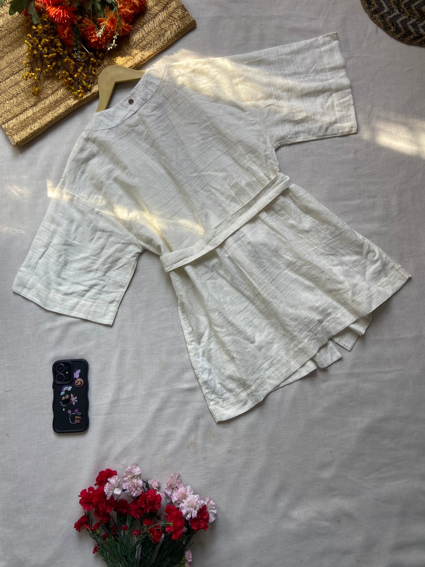 Women's White Cotton Kimono Shrug with Waist Tie