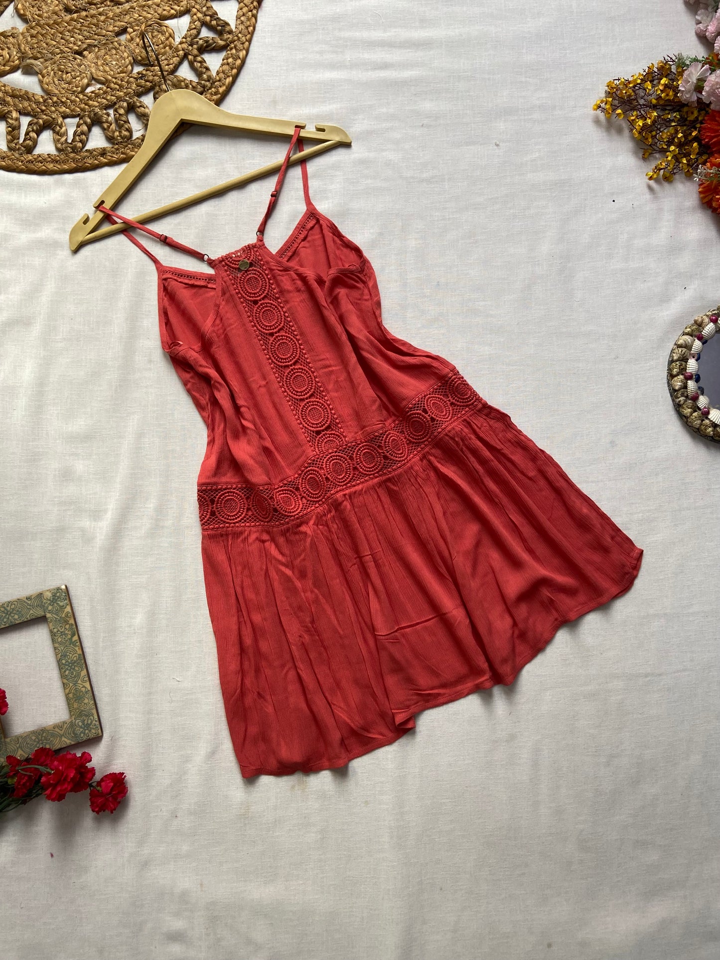 Red Lace Detailed Beach Mini Dress