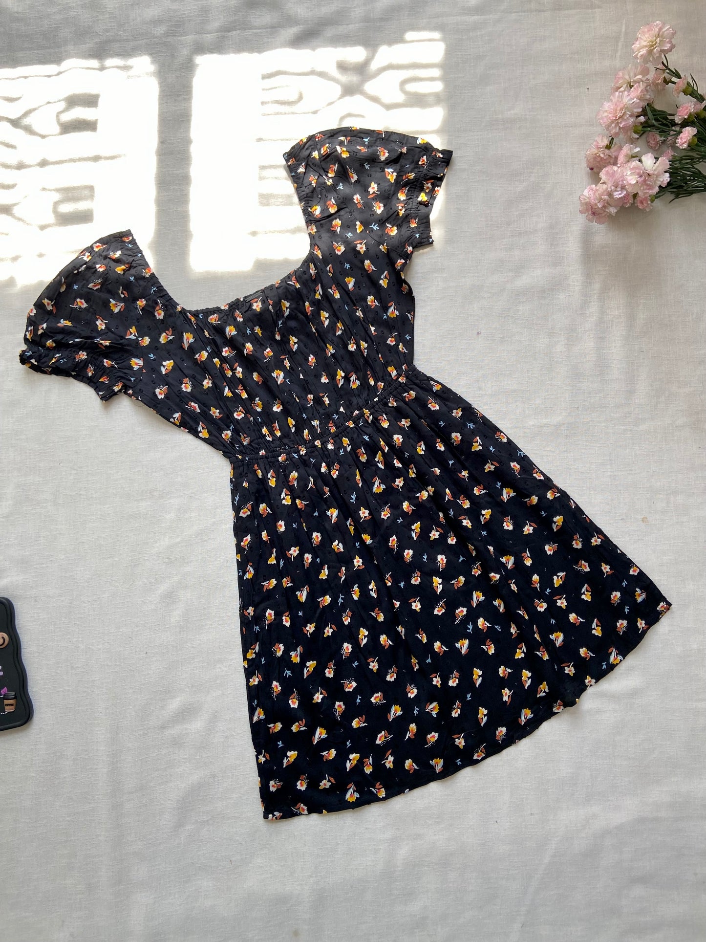 Black Floral Puff Sleeve Mini Dress