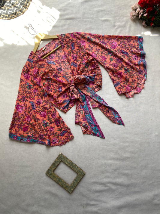 Bohemian Floral Tie-Front Crop Top with Flared Sleeves