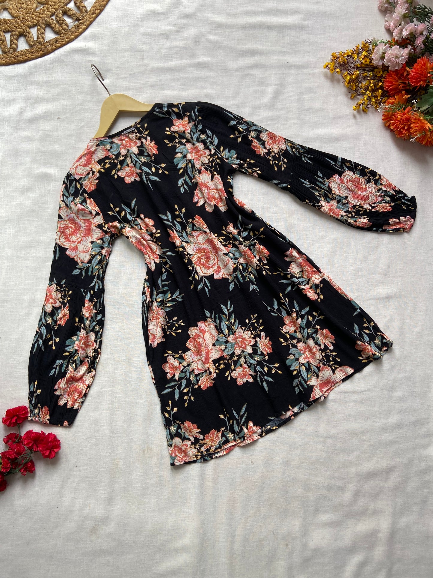 Floral Print Black A-Line Dress with Long Sleeves