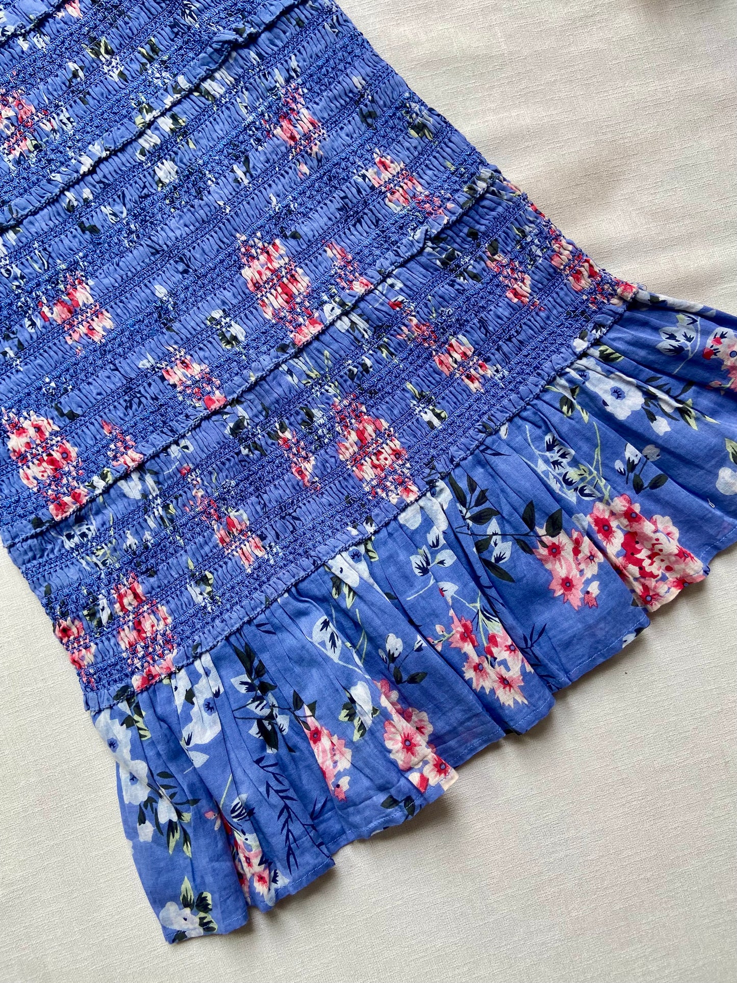 BLUE FLORAL SMOCKED MINI DRESS