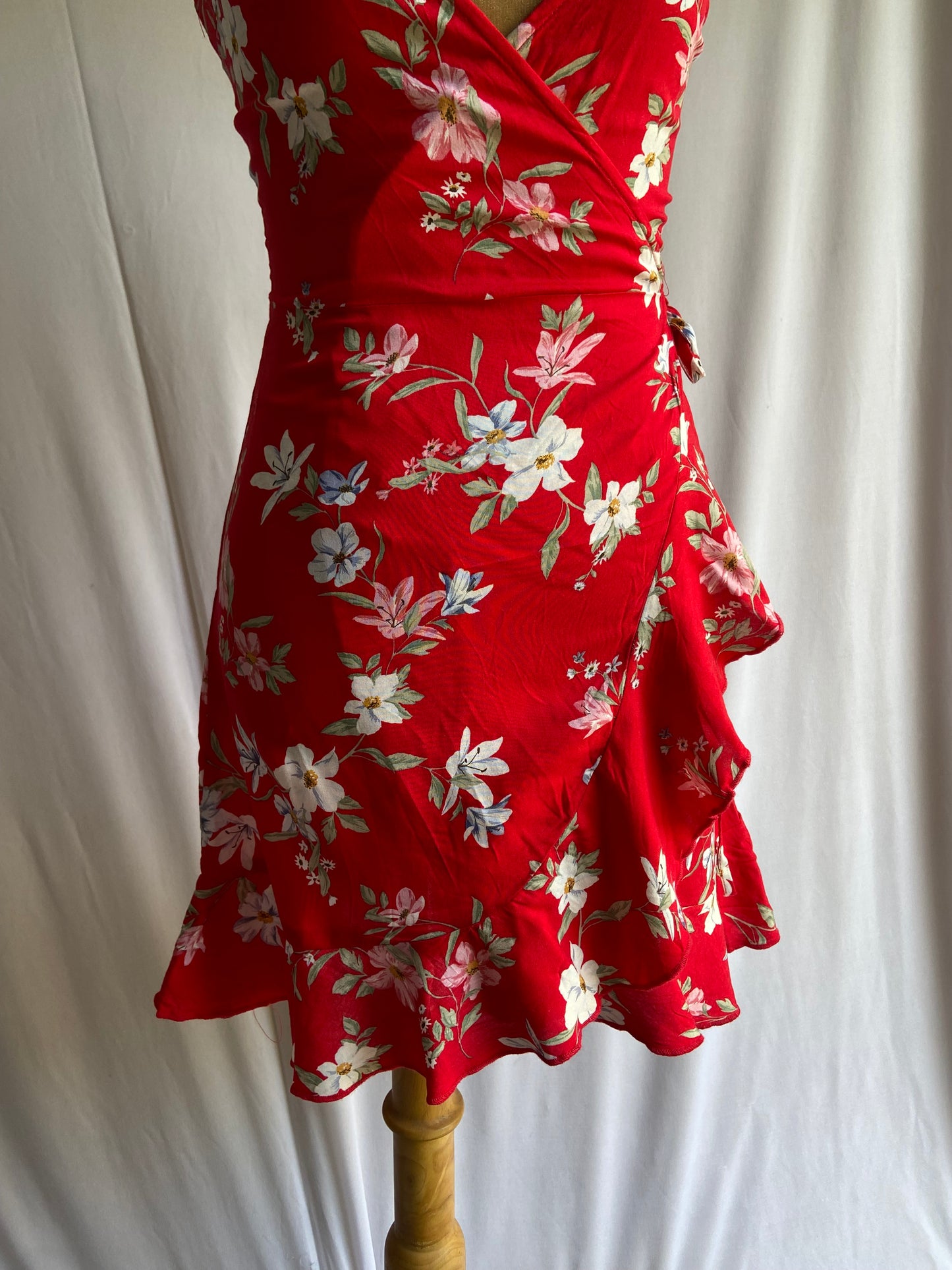 Red Floral Wrap Mini Dress with Ruffle Hem