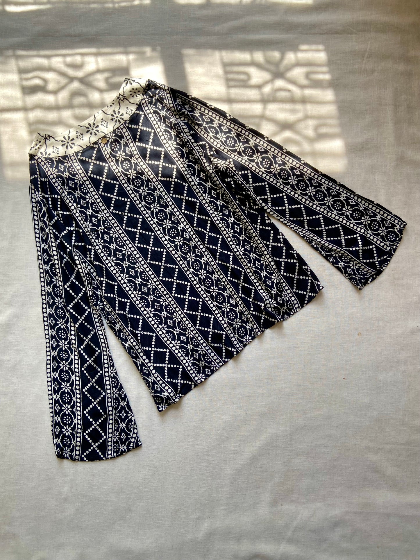 Elegant Navy Blue & White Printed Bell Sleeve Top