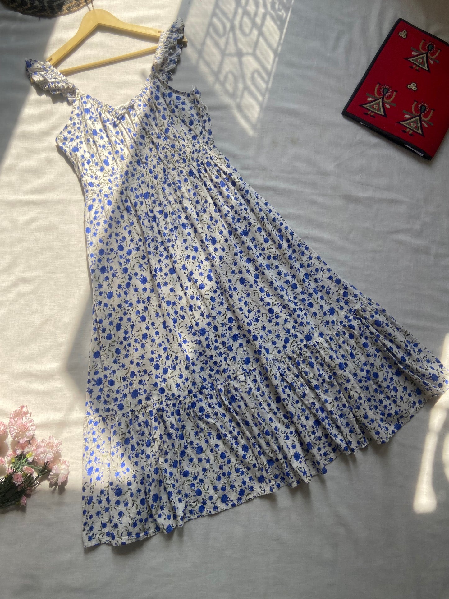 Blue Floral Ruffle Midi Dress