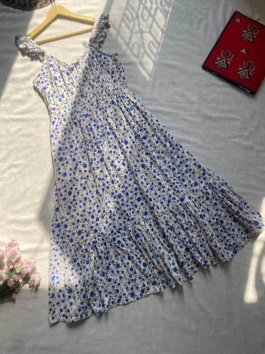 Blue Floral Ruffle Midi Dress