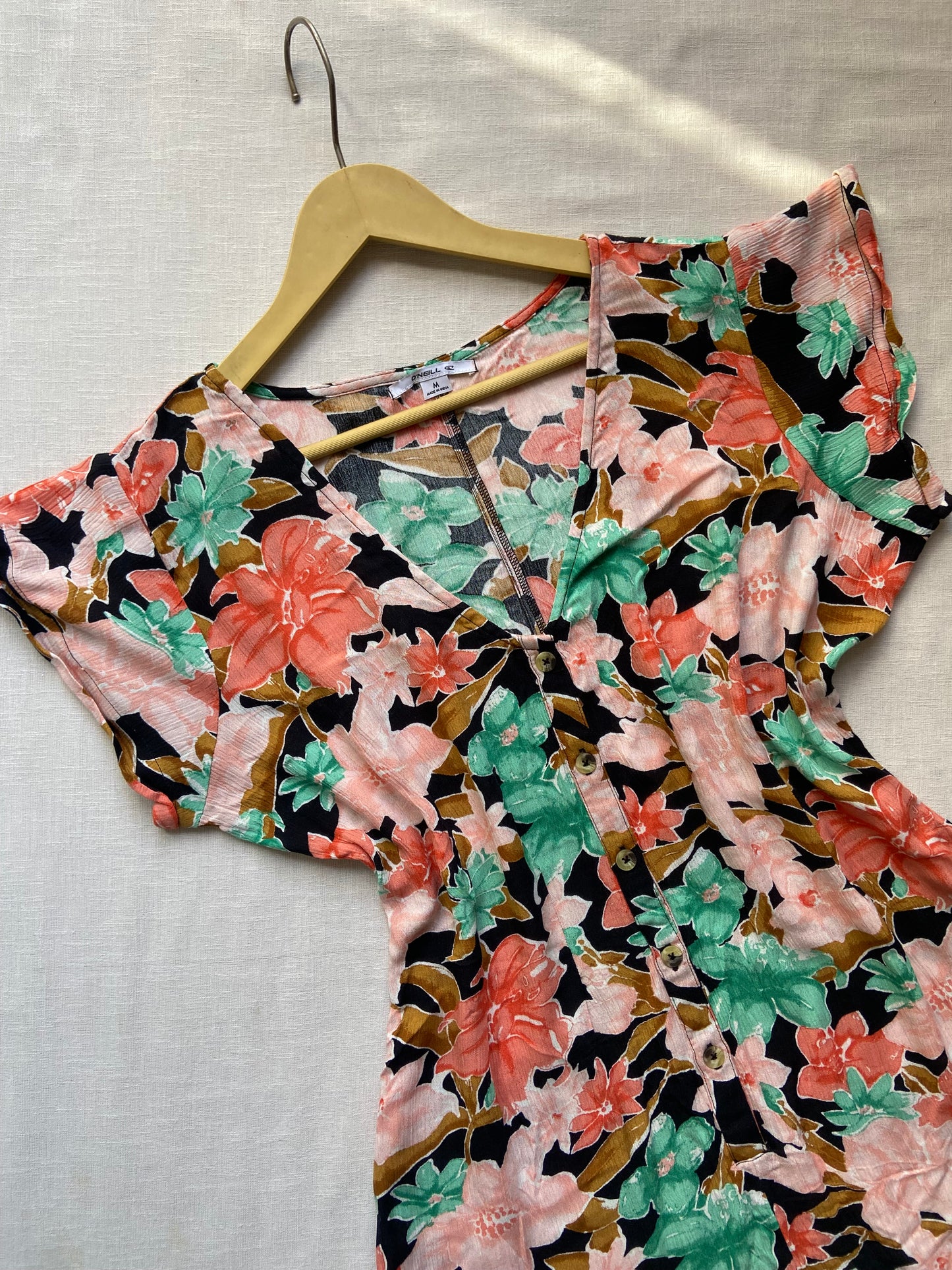 Tropical Floral Print Button-Front Short Romper
