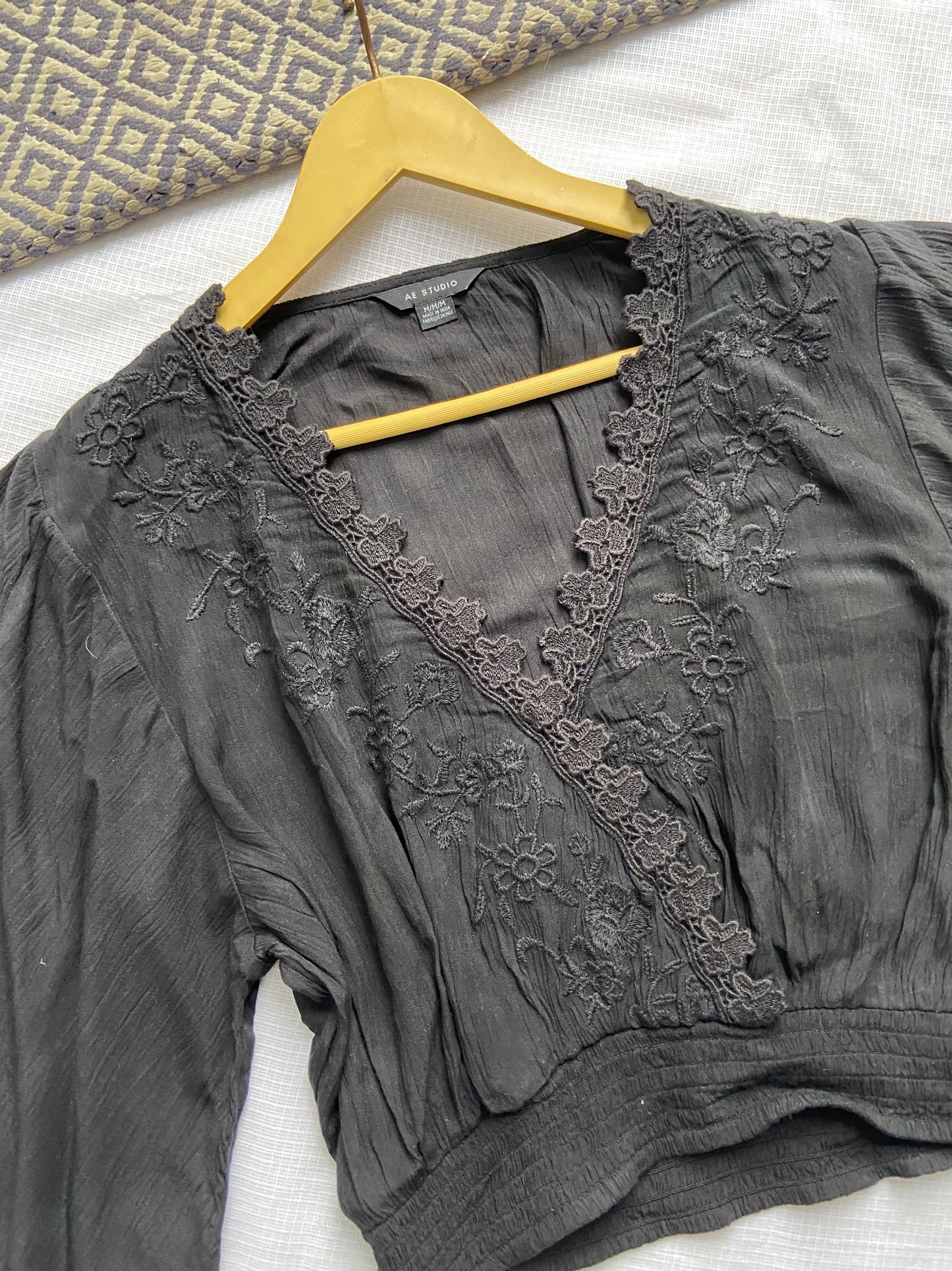 Women's Black Boho V-Neck Top with Bell Sleeves & Lace Detailing