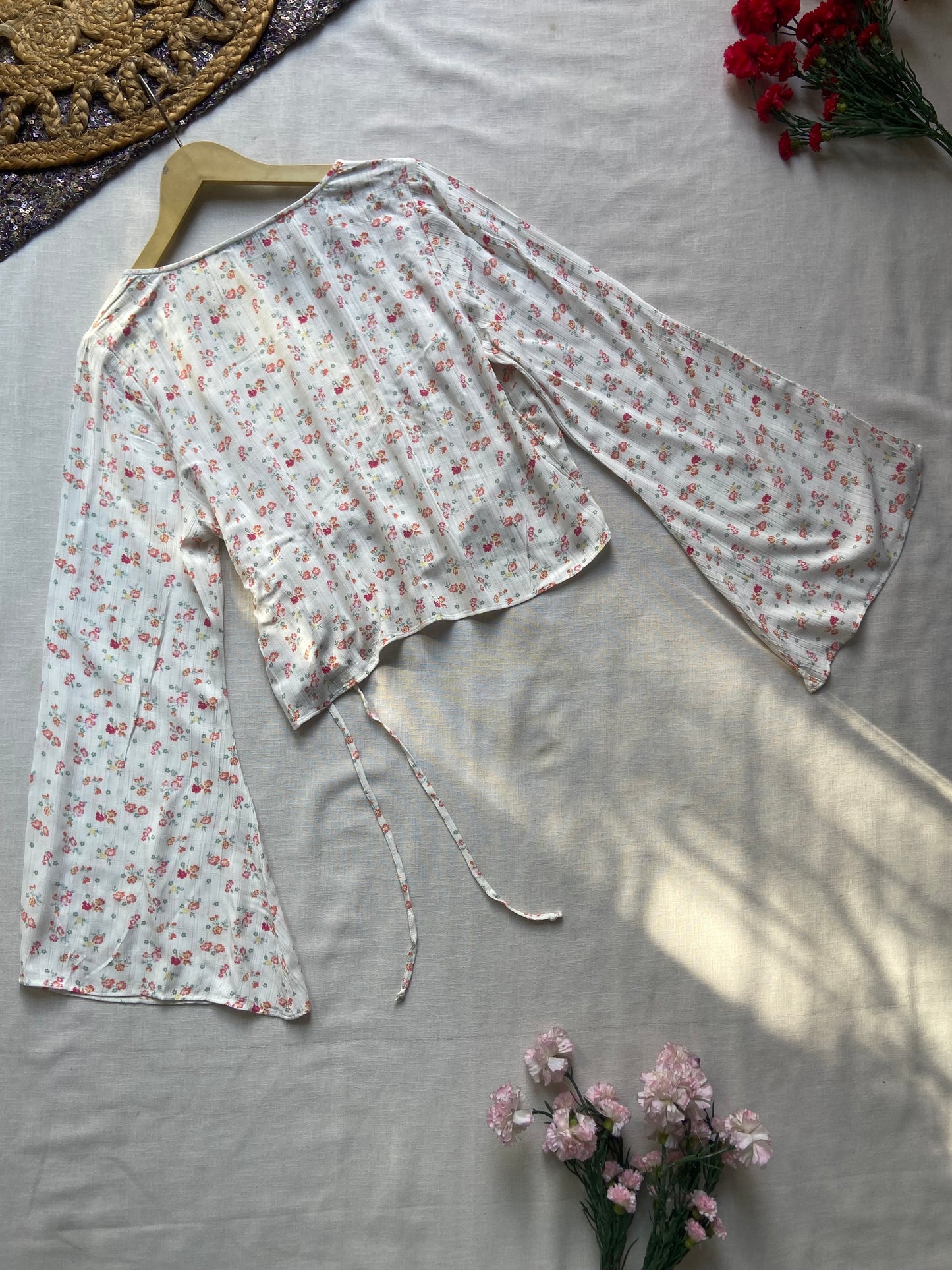 Floral Wrap Top with Flared Sleeves – White & Pink