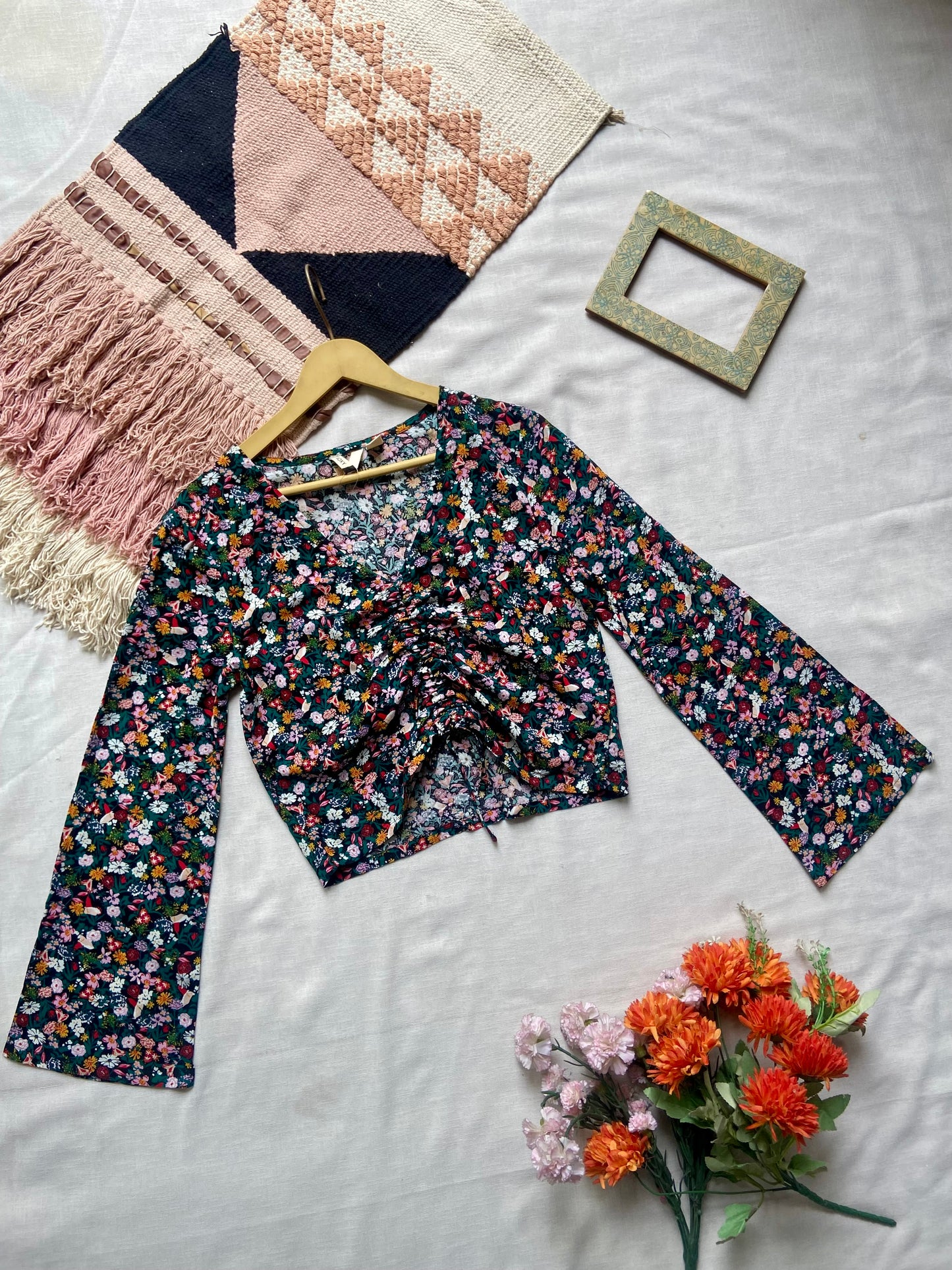 Floral Ruched Front Bell Sleeve Top