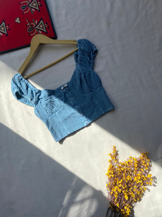 Blue Puff Sleeve Eyelet Button-Up Crop Top