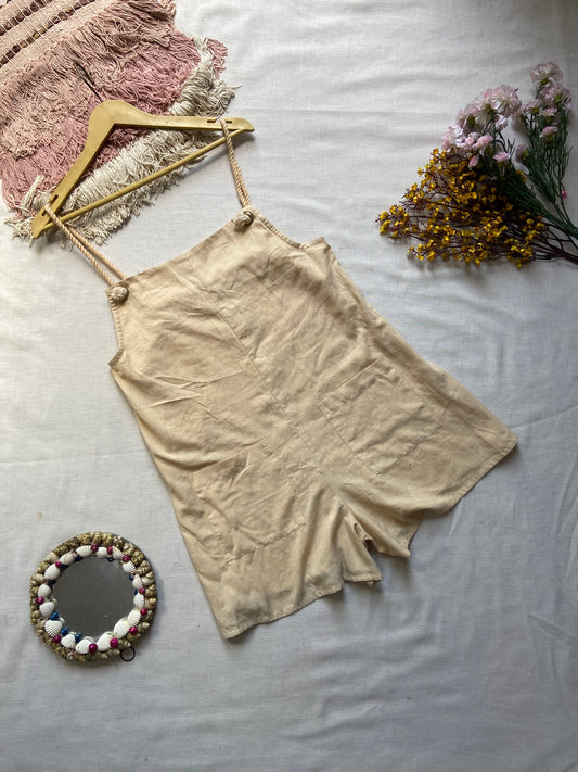 Beige Cotton Linen Playsuit with Rope Straps