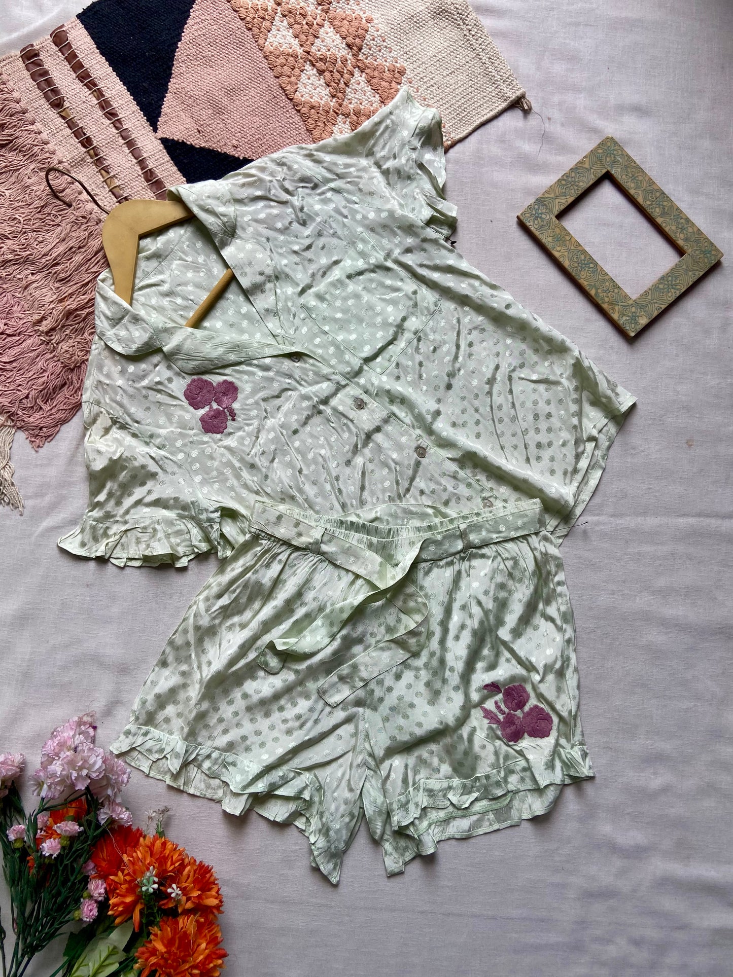 Mint Green Satin Polka Dot Nightwear Set