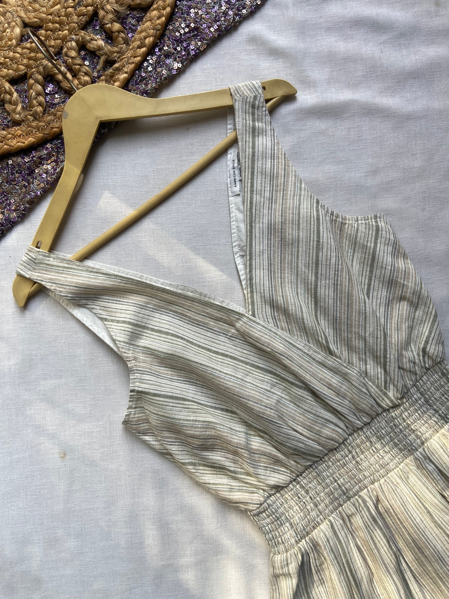 Striped Sleeveless Mini Dress – Beige & Grey