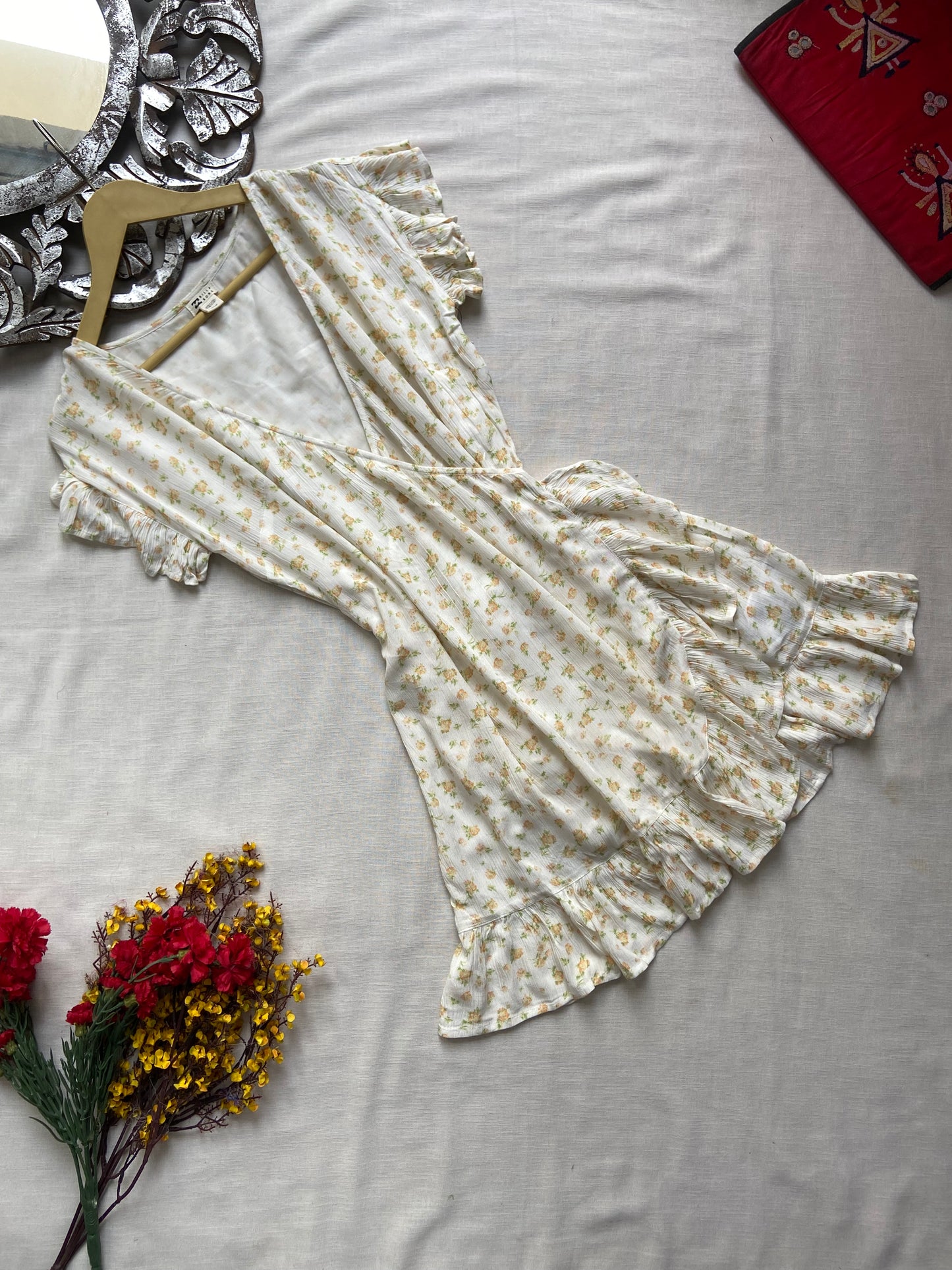 White Floral Wrap Mini Dress