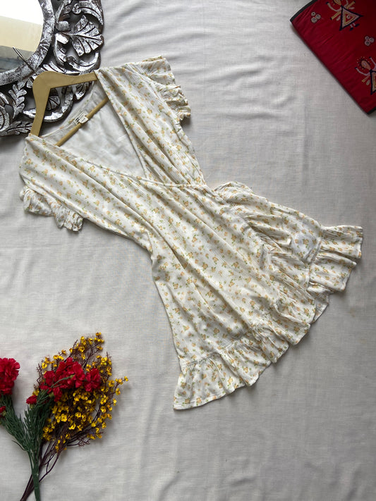 White Floral Wrap Mini Dress