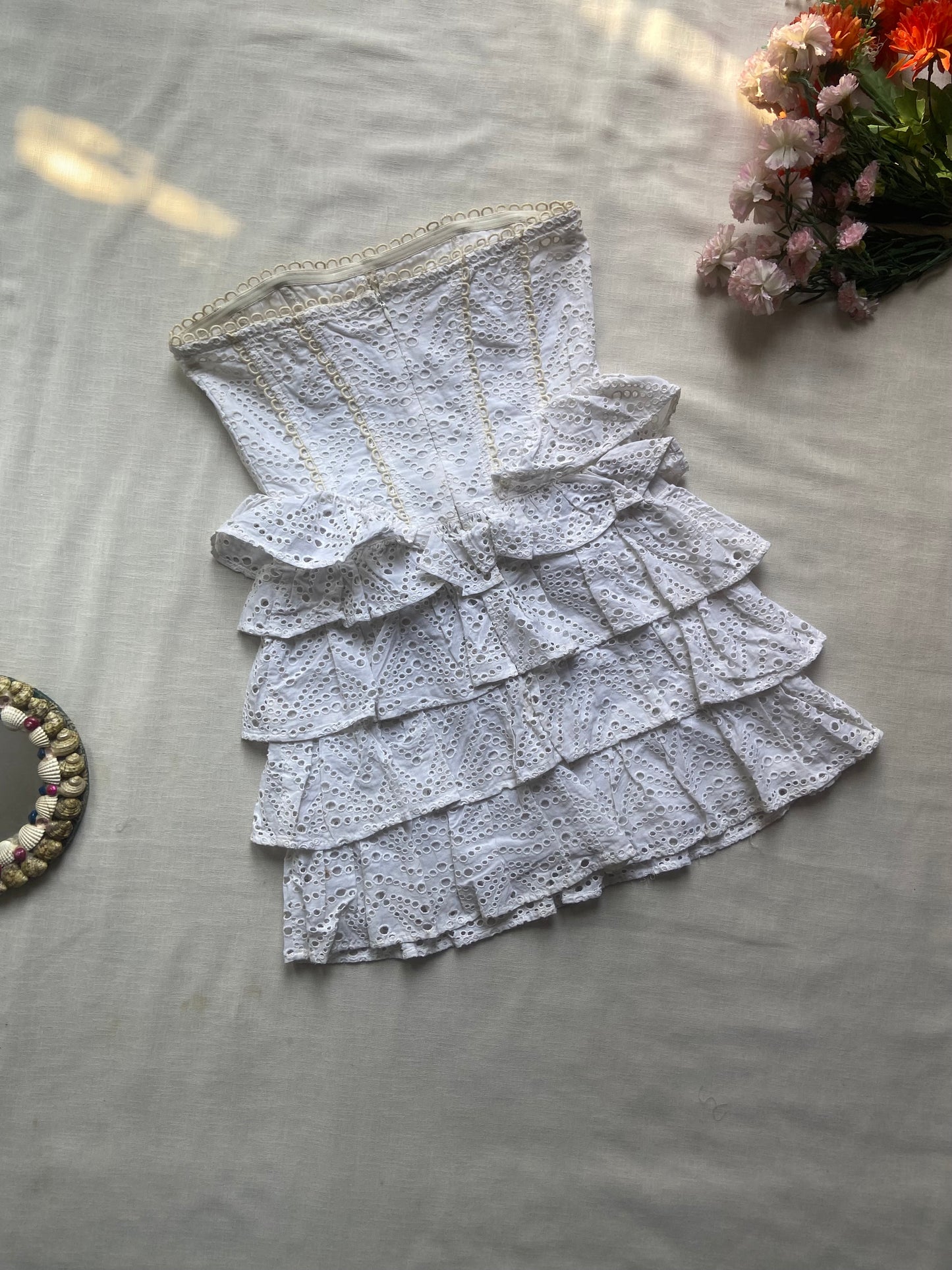 White Eyelet Lace Ruffle Tube Top