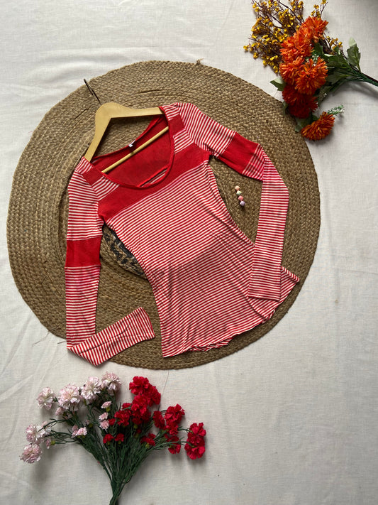 Women's Red and White Striped Long Sleeve Top