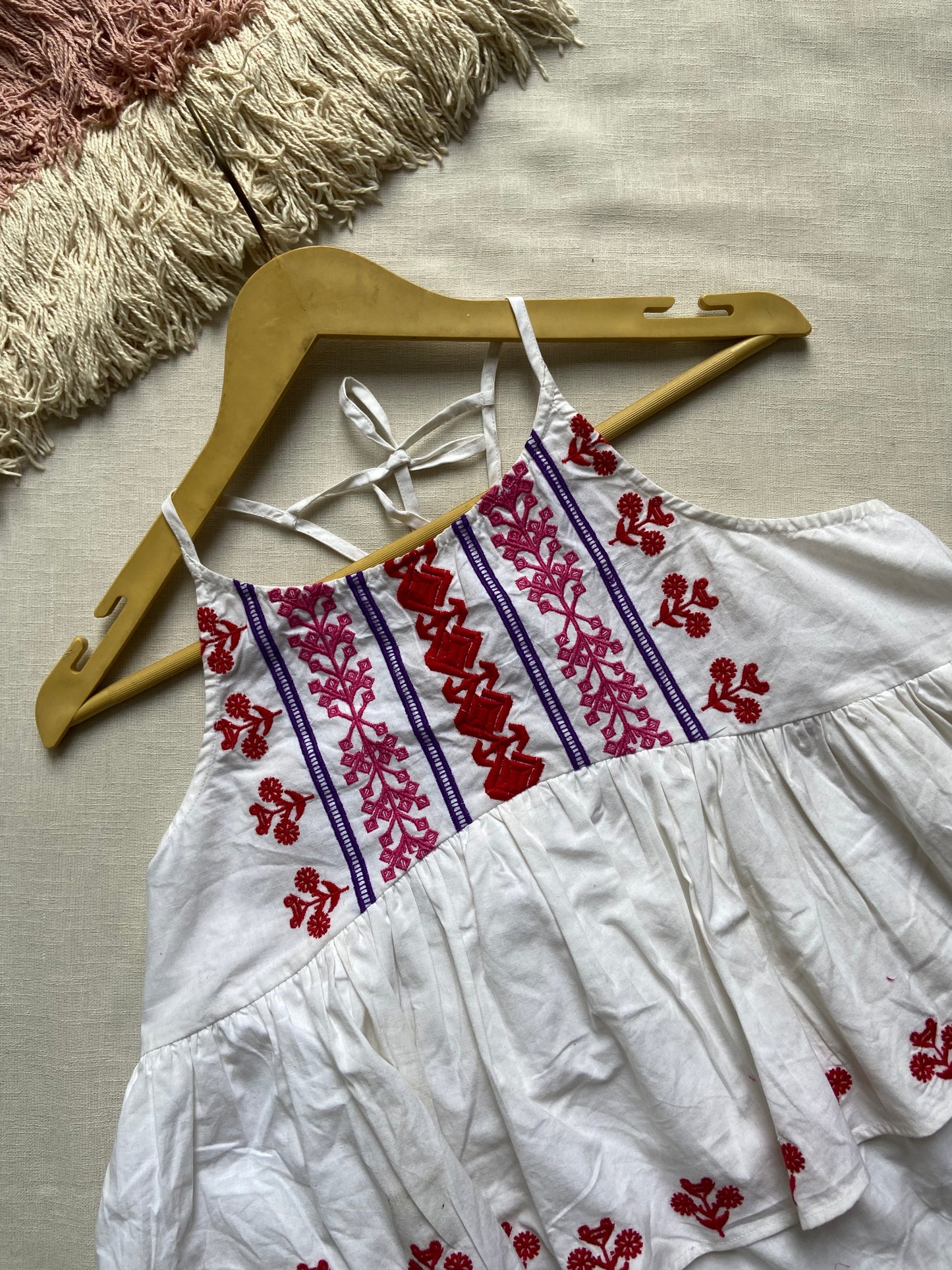 White Sleeveless Tiered Top with Red Embroidery